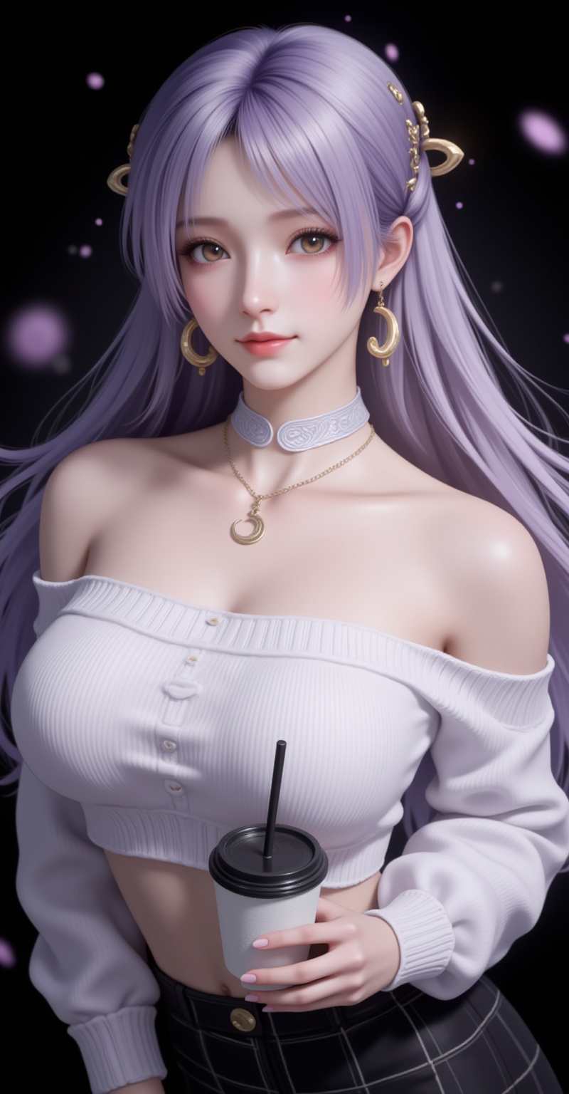 <lora:姬紫月·衣服百搭款·6:1.1>,jiziyue,1girl,solo,jewelry,earrings,crescent,long hair,light purple hair,looking at viewer,hair ornament,black background,crescent earrings,brown eyes,bare shoulders,realistic,closed mouth,collarbone,lips,detached collar,1girl,solo,skirt,off shoulder,off-shoulder sweater,jewelry,white sweater,necklace,cup,bare shoulders,holding,sweater,disposable cup,breasts,black skirt,plaid skirt,collarbone,plaid,blurry background,crop top,holding cup,blurry,midriff,long sleeves,large breasts,cover,gradient background,close-up details,outstanding style,adding a touch of dimension to your images without compromising details,close-up,<lora:DJ滤镜_2.5D版:0.3>,lvjing,<lora:油画唯美滤镜15:0.2>,baoshi,