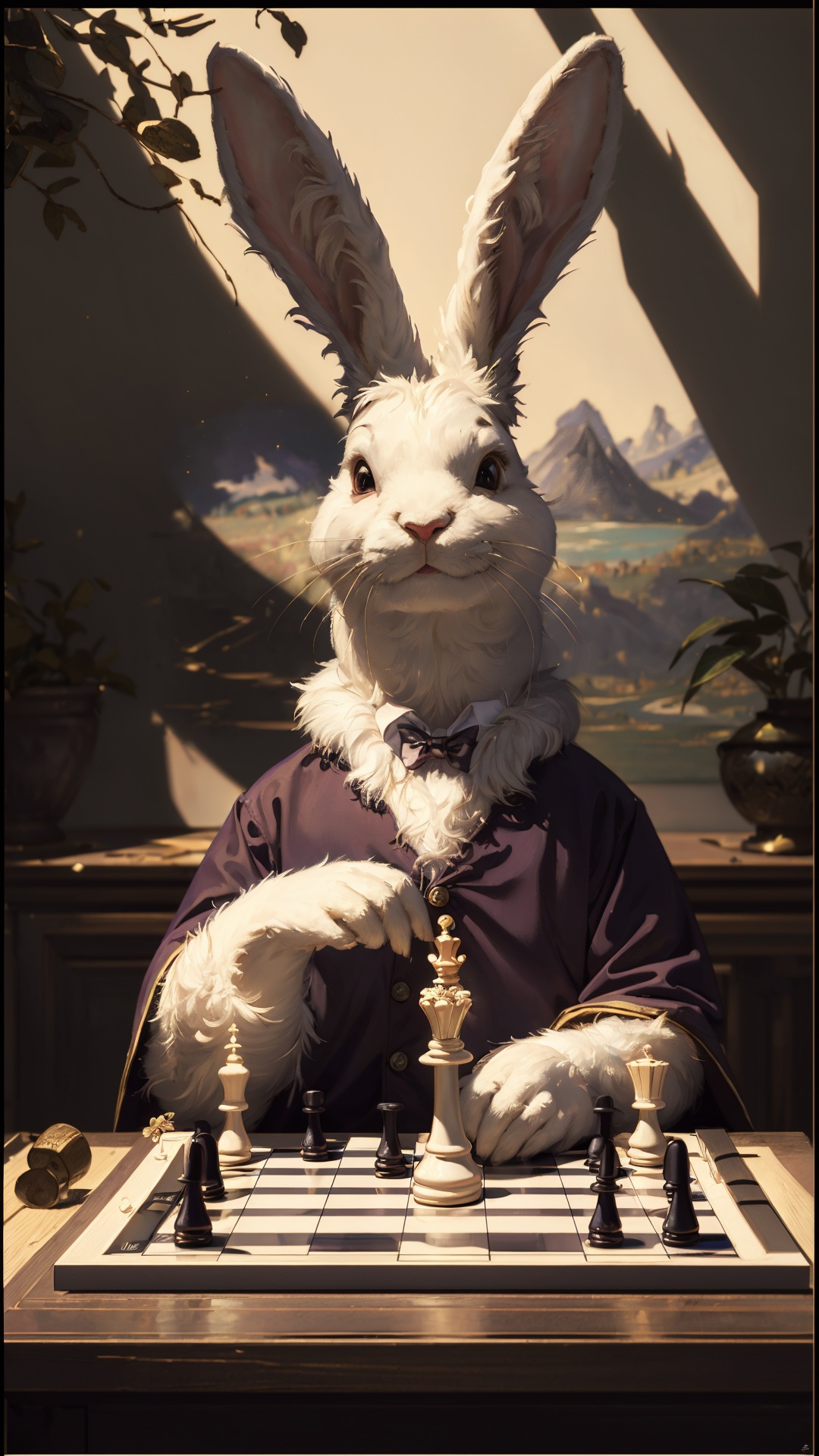 a painting of a joyful bunny in 80s clothes plays chess,Beatrix Potter,fairy tale illustration,thomas kindkade,a fine art painting,furry art,magical deep shadows,ultra-realism,80s art,