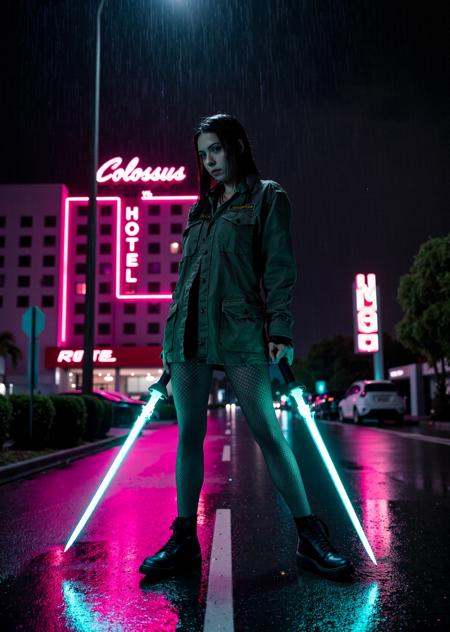 ******* photo, low-lit, overexposure, shot on a mobile phone, nighttime, noticeable noise in dark areas. cyberpunk cyborg woman standing on a neon light bathed street, best lighting, she is holding two energy swords one in each hand, she is wearing a worn army jacked, net stockings, its raining, reflective road low lighting, muted color tones, a hotel with neon sign "Colossus V9" in the background