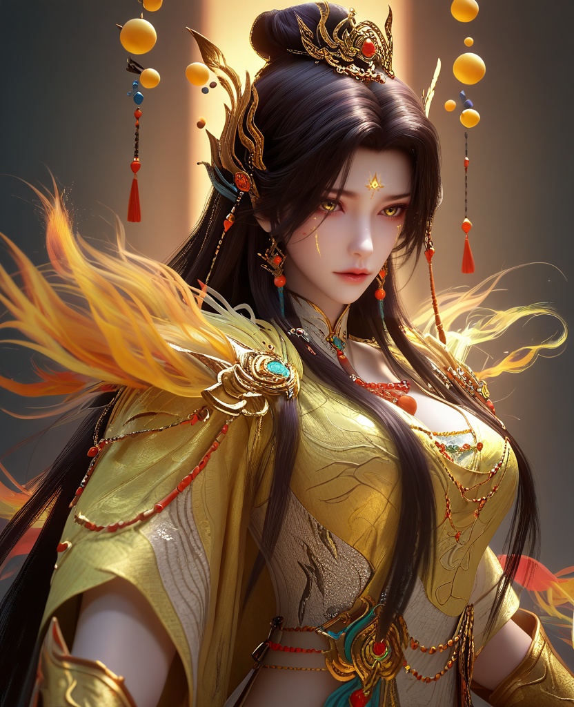 (Posing with arms wrapped around the body,:1.1),(large breasts:1.2),<lora:XL16云深不知梦羲和众生愿:0.95>,miss xihe,white tiered dress,yellow shawl,yellow eyes,forehead mark,glowing facial mark,black hair,traditional chinese updo with long front strands,absurdly long hair,hair ornament,jewelry,yellow gloves,, score_9,score_8_up,score_7_up,score_6_up,score_5_up,score_4_up,3d rendering,tag1,tag2, Cinematic Lighting,backlighting,