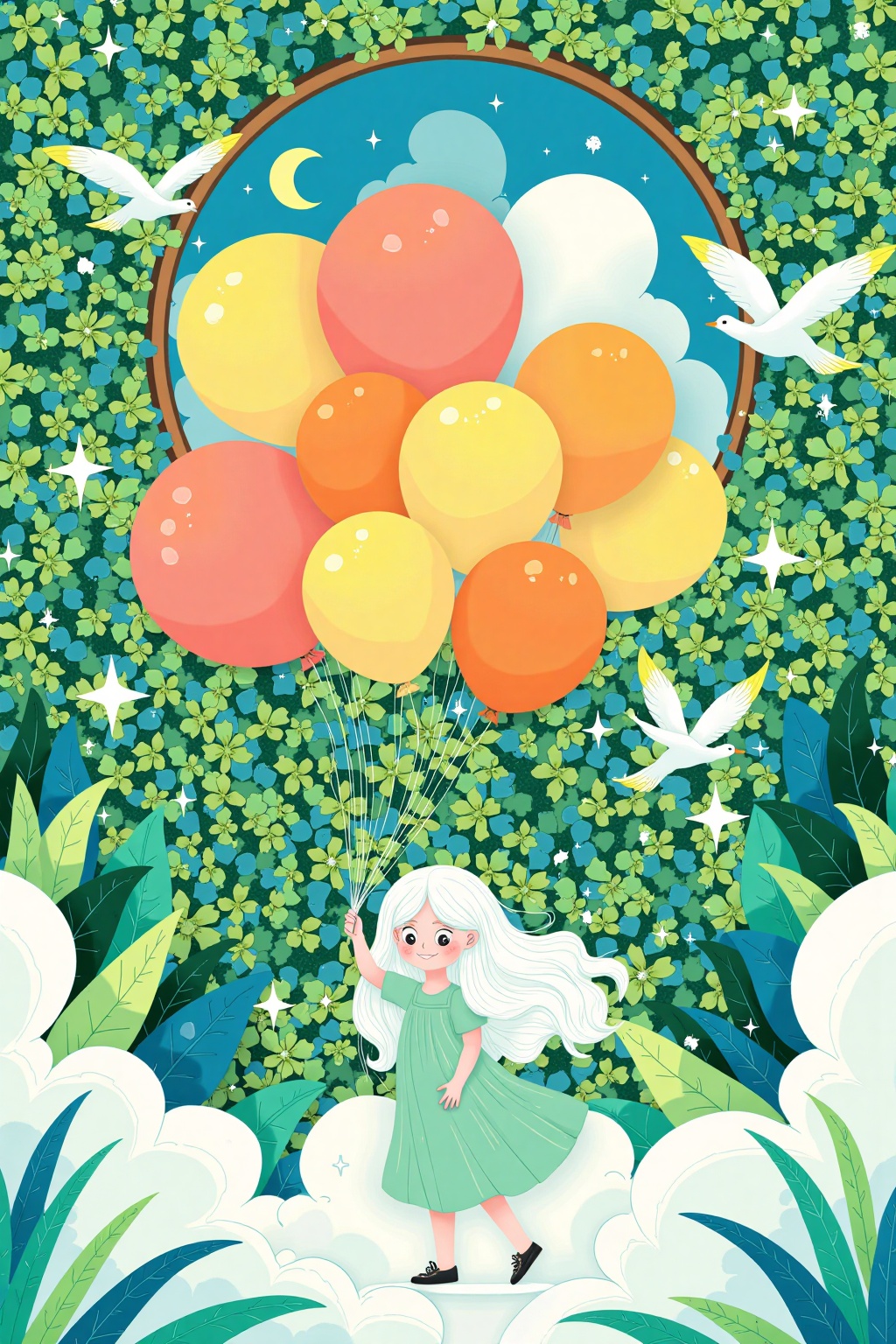 This digital illustration features a young girl with long,flowing hair,wearing a green dress,holding a string of colorful balloons against a backdrop of lush green foliage and a crescent moon. The scene is whimsical and dreamy,with birds flying around and sparkling stars scattered throughout,