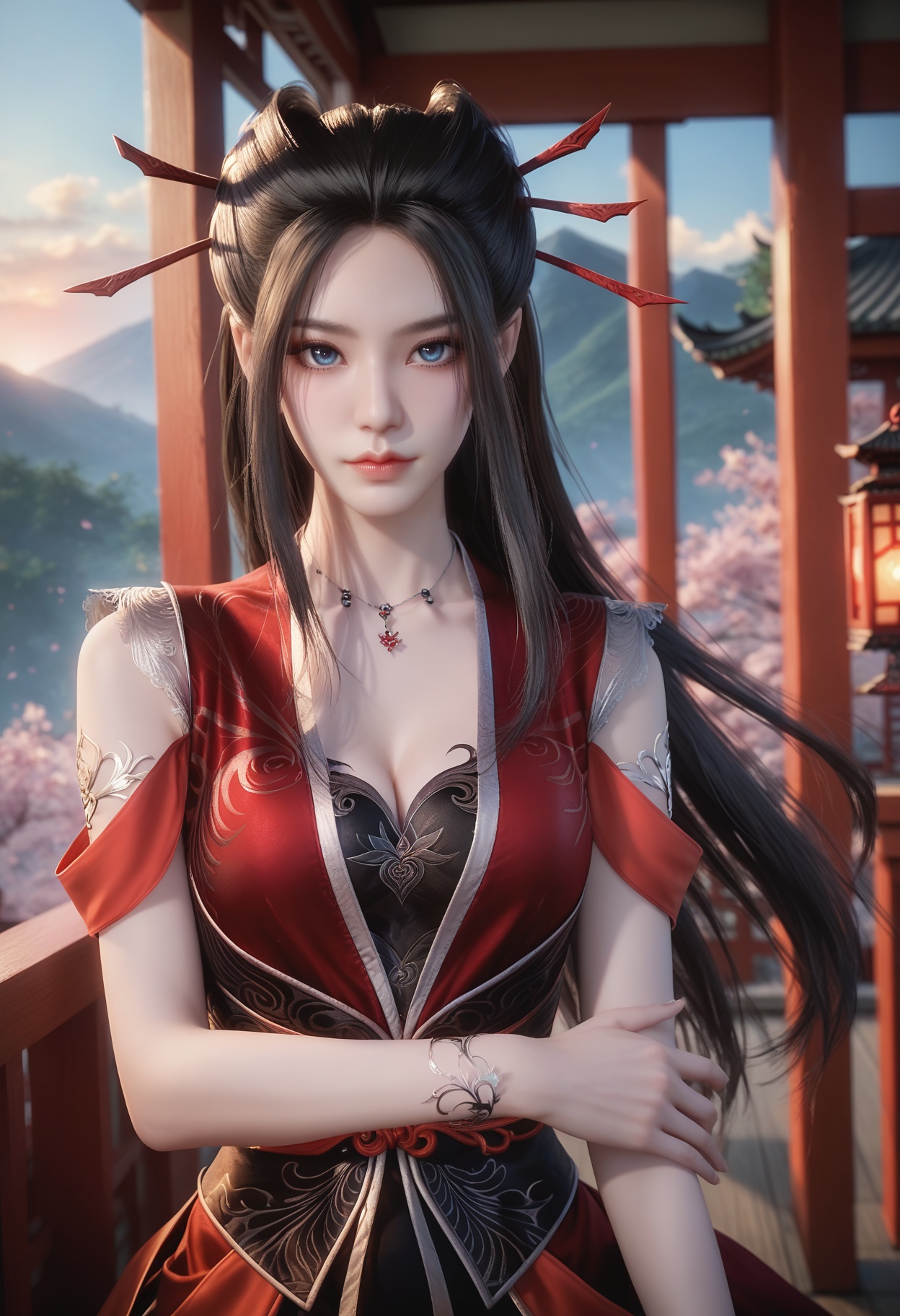 Yan_lingji,1girl,bare legs,long hair,black hair,jewelry,hair ornament,necklace,hair bun,blue eyes,bracelet,cleavage,<lora:Yan_lingji_darkred_25_pony:0.75>,dress,red dress,long skirt,sleeveless,chinese clothes,ribbon,skirt,red skirt,sash,photorealistic,hyperrealistic,<lora:Skin Color slider by topplok2:-1>,(pale skin:1.5),score_9,score_8_up,score_7_up,score_6_up,looking at viewer,standing,(upper body:1.2),close up,head shot,lantern,open window,looking at viewer,indoors,mountains,blossoms,flowers,east asian architecture,beautiful sunrise,warm ambient temperature,