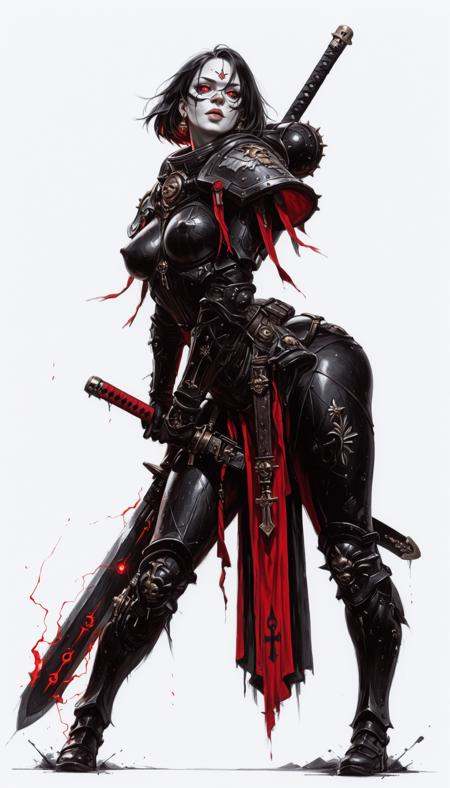 bsister, adepta sororitas, wh40k, battle sisters, power armor, black armor, pauldron, bsister,,, breastplate, full body armor,,,    holding weapon, fighting stance, holding  buster sword,huge weapon,,   traditional media, partially colored, doodle sketch,  masterpiece, best quality, high quality, ultra-detailed, realistic,  traditional media, western comics \(style\) ,limited palette, partially colored, vivid_color, high contrast, speed lines, sound effects, move_effects, action Create a detailed digital artwork of a muscular, nude figure in a dynamic pose. The figure is adorned in a dark, intricately designed mask with glowing red eyes and a matching belt with a unique pattern. The weapon, held high, is a long, slender sword with a hilt that emits a radiant blue glow. The background is minimalistic, with a plain white backdrop that accentuates the figure and the weapon. The color palette is dominated by shades of black, white, and blue, with the red eyes of the mask providing a striking contrast. The style of the artwork leans towards fantasy or warrior themes, with meticulous attention to detail and a realistic yet stylized approach to the character's anatomy. The scene is captured from a frontview angle, focusing on the full body of the character. 1girl, solo, breasts, looking_at_viewer, short_hair, simple_background, large_breasts, black_hair, gloves, holding, jewelry, nipples, ass, weapon, thighs, earrings, nude, black_gloves, sword, grey_background, holding_weapon, completely_nude, mask, leaning_forward, glowing, thick_thighs, holding_sword, katana, bent_over, glowing_eyes, arched_back, electricity, white_eyes, glowing_weapon, bsister, adepta sororitas, wh40k, battle sisters, power armor, black armor, pauldron, bsister,,, breastplate, full body armor,,,    holding weapon, fighting stance, holding  buster sword,huge weapon,,   traditional media, partially colored, doodle sketch,