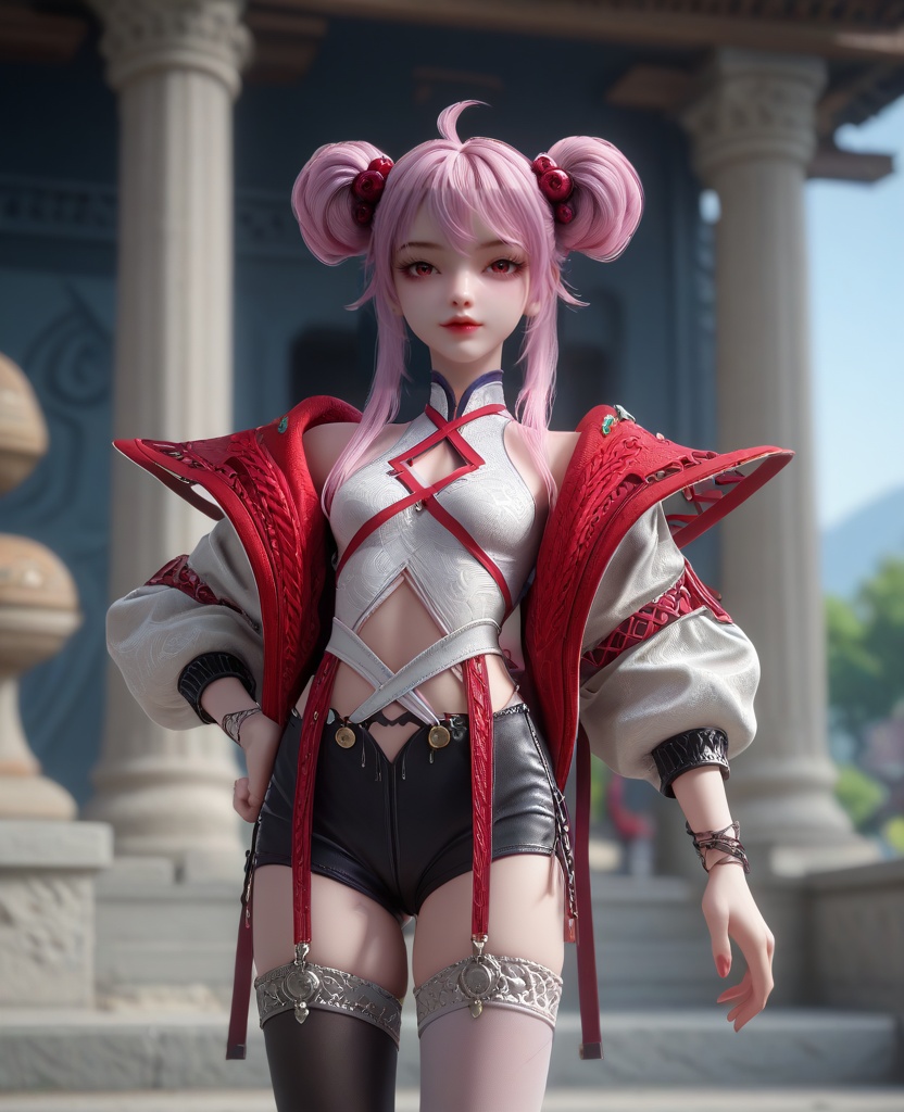 (oriental architecture, elegant decor, sophisticated style:1.1),(Posing with one hand on hip and the other arm extended outward,:1.1),(breasts:1.2),<lora:XL16克金玩家炙珠:0.95>,teenage girl,open red jacket,white corset,red eyes,red lips,pink hair,ahoge,double bun with front strands,hair ornament,black short shorts,mismatched thighhighs,bracelet,sneakers,, score_9,score_8_up,score_7_up,score_6_up,score_5_up,score_4_up,3d rendering,tag1,tag2, Cinematic Lighting,backlighting,, zPDXL3, zPDXL2,zPDXL, zPDXLxxx, zPDXLrl,
