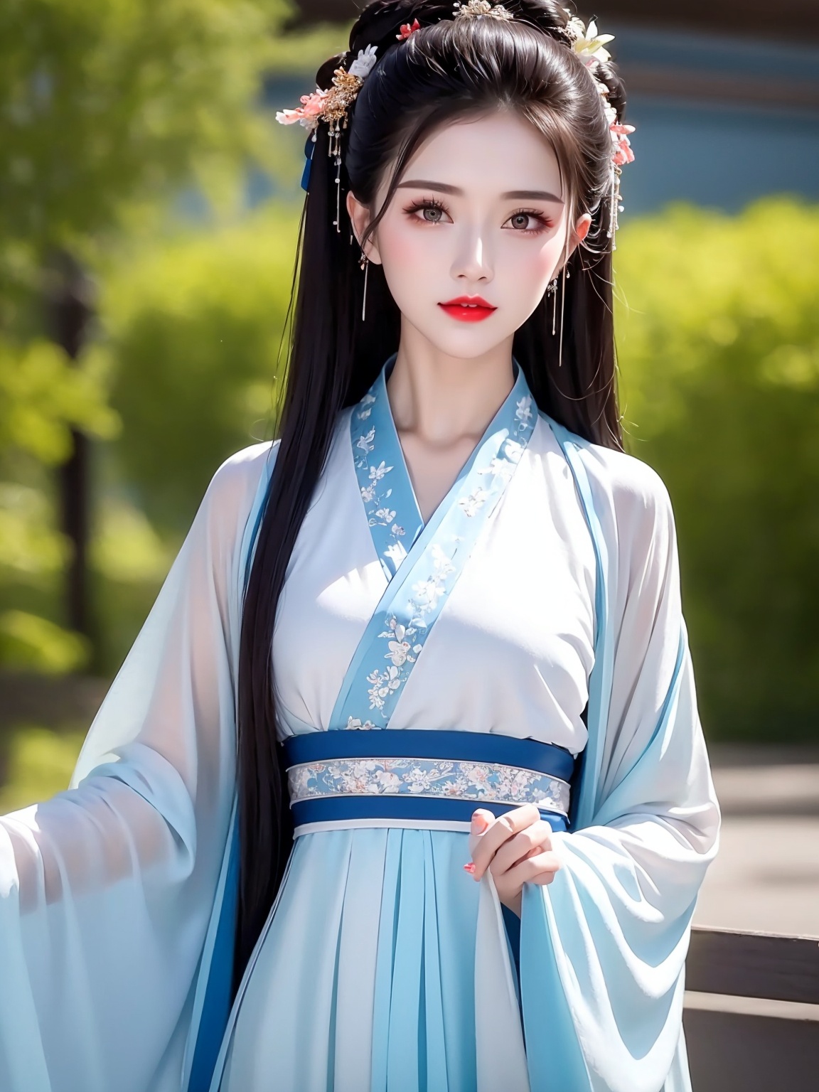 1 girl,diamond earrings,see-through,headwear,with heavy makeup,red lips,Moisturizing red lips,eye makeup,Handing over Hanfu,upper_body,solo,front,