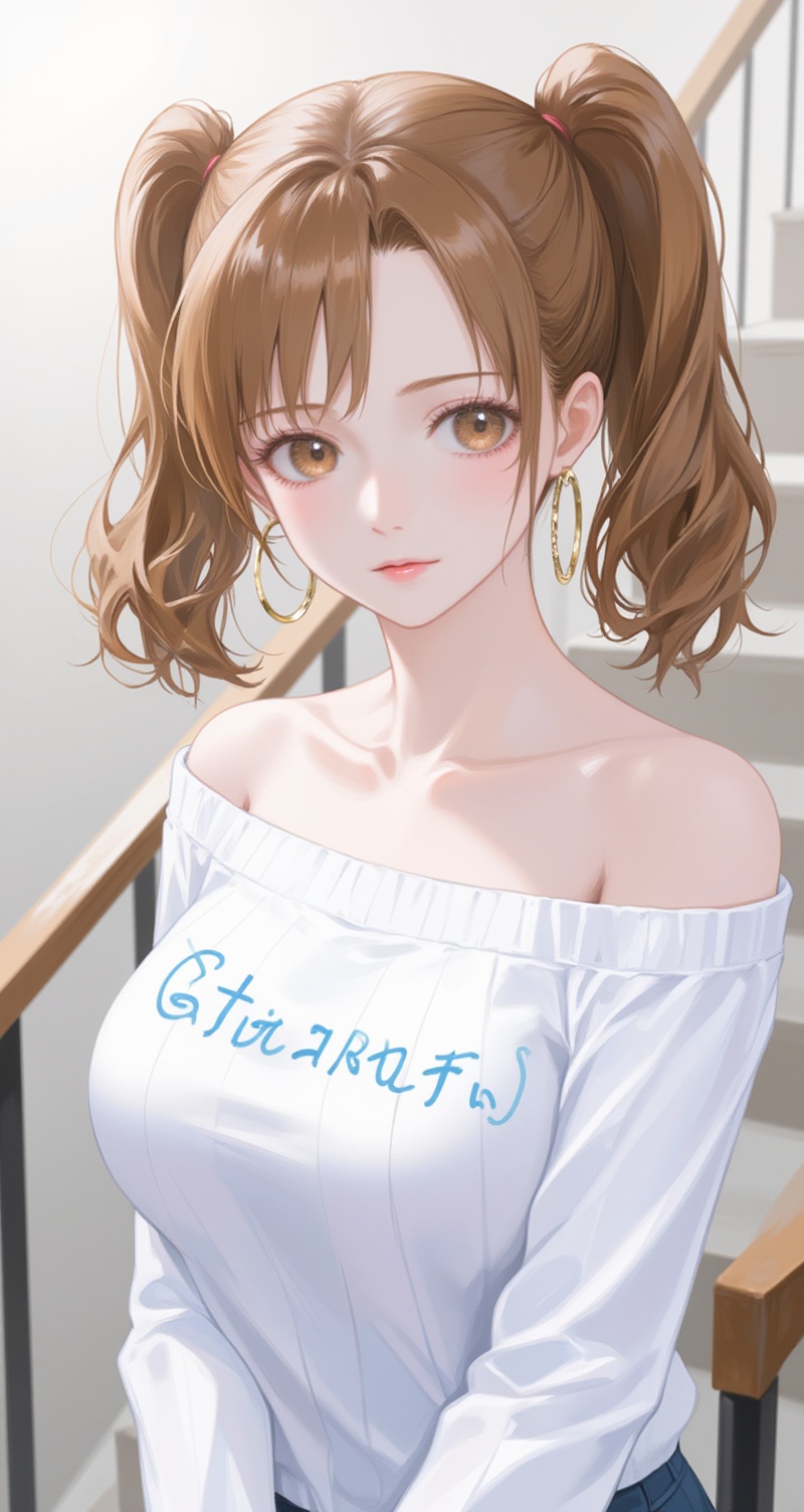 <lora:布琳6:1>,bulin,brown hair,brown eyes,twintails,fair_skin,1girl,solo,jewelry,earrings,hoop earrings,off shoulder,stairs,railing,breasts,long sleeves,clothes writing,looking to the side,bare shoulders,sweater,standing,parted bangs,day,white shirt,shirt,indoors,white sweater,collarbone,cover,simple background,gradient background,close-up details,outstanding style,adding a touch of dimension to your images without compromising details,close-up,<lora:DJ滤镜_2.5D版:0.3>,lvjing,<lora:油画唯美滤镜15:0.3>,baoshi,