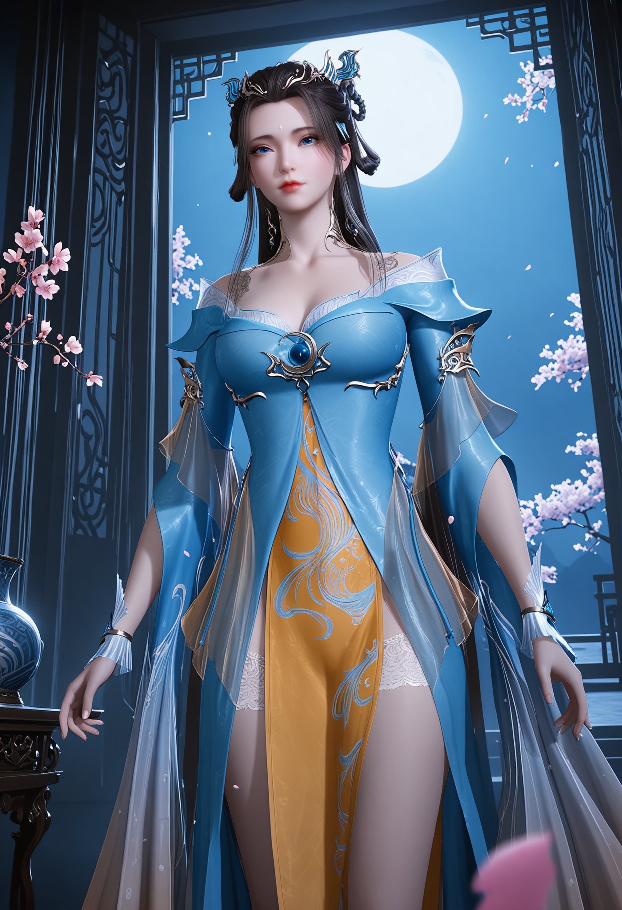 (cowboy shot:1.2),(gigantic breasts:0.7),(looking at viewer:1.1),facing viewer,direct gaze,(masterpiece:1.1),(best quality:1.2),(intricate details),(smog:1.3),(Dark room:1.3),(dim lighting:1.3),peach blossom,falling petals,<lora:YQ_Illustrious光辉v5_侯烟岚_V1:0.8>,1girl,q1528437228,solo,long hair,hair ornament,dress,black hair,jewelry,blue eyes,hair rings,hair bun,earrings,forehead mark,brown hair,bracelet,masterpiece,(best quality),(intricate details:0.9) BREAK (intricate details:0.9),(realistic skin:1.2),masterpiece,best quality,newest,absurdres,hiahres,