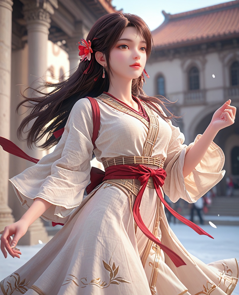 (oriental architecture, elegant decor, sophisticated style:1.1),ice skating, spinning,(breasts:1.2),<lora:XL完美世界火灵儿火桑女:0.8>,miss huosangnv,solo,cambric dress,brown sash,red fart curtain,red straps,brown eyes,black hair,long hair,hair flower,earrings,earlock,lips,hair ribbon,wide sleeves,, zPDXL2, score_9, score_8_up, score_7_up BREAK realistic, masterpiece,best quality, highly detailed,, zPDXL3, zPDXL2,zPDXL, zPDXLxxx, zPDXLrl,