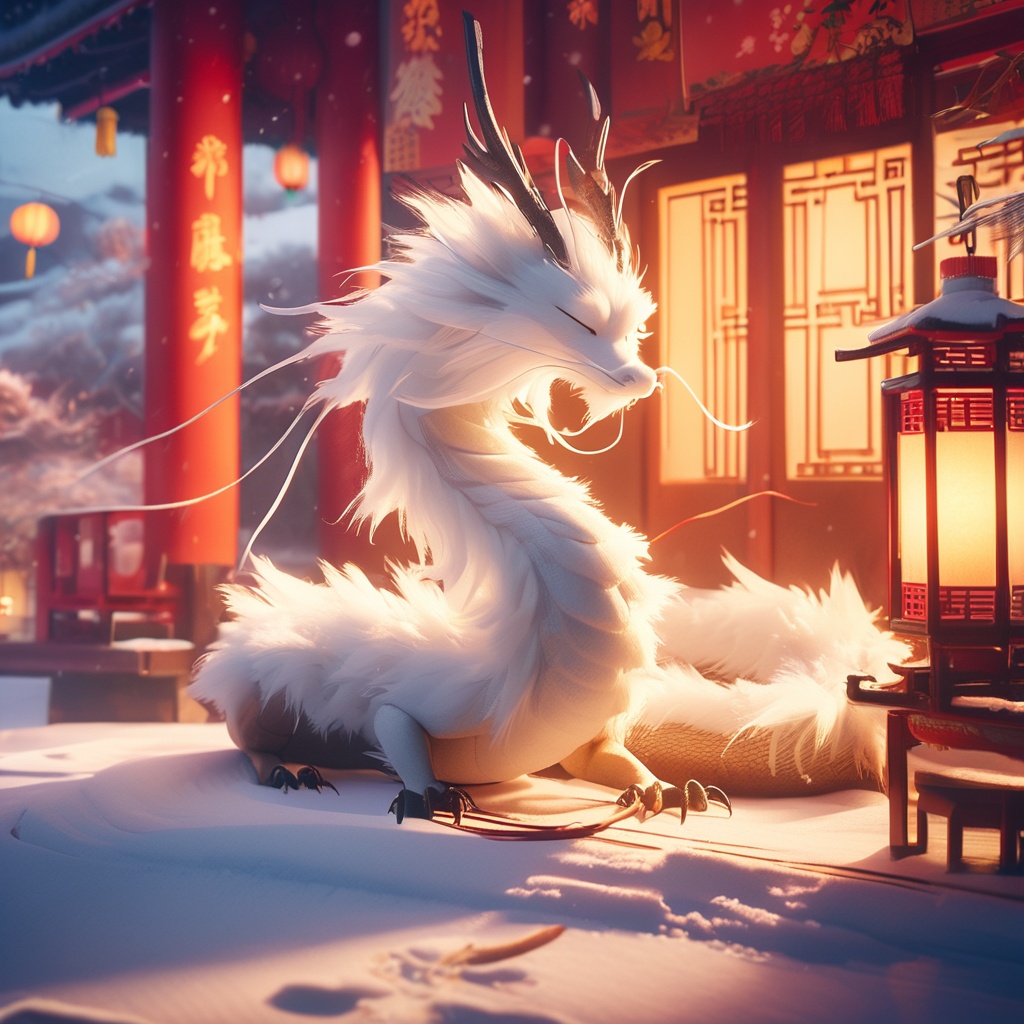 eastern dragon,soft lighting,white fur,antlers,whimsy and dramatic lighting,warm colors,mf-movie-filter,cc-color-correction,cute,whiskers,sunset,eastern dragon focus,claws,chinese zodiac,east asian architecture,no humans,dragon,closed eyes,snow,outdoors,blurry,horns,lantern,solo,new year,sky,<lora:chenglong_xl:0.8>,