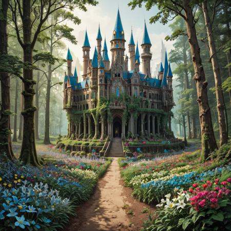 intricate detail, fantasy, enchanted forest, flowers, city, noon, (masterpiece, best quality, extremely detailed)
