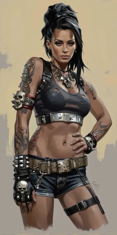JoFote style. A digital illustration shoot from a low-angle perspective about a stylized illustration of a woman with a pu...