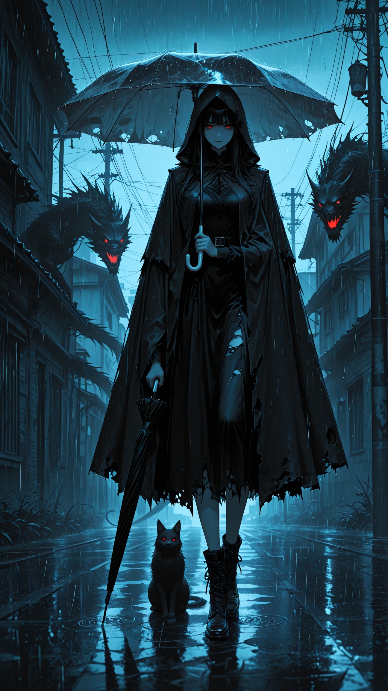 XUER Dark girl,1girl,solo,looking at viewer,black hair,closed mouth,standing,monochrome,full body,outdoors,sky,shoes,black footwear,torn clothes,umbrella,building,cloak,rain,monster,holding umbrella,power lines,horror (theme),A girl is holding a ghost umbrella,there is a monster attached to the umbrella,walking on the street in a black dress,eerie atmosphere,the umbrella covers her face,dark environment,full body close-up,movie poster,highly detailed,ultra-high resolution,32K UHD,sharp focus,best-quality,masterpiece,Ashotwithtension,(Visualimpact,givingtheposteradynamicandvisuallystrikingappearance:1.2),impactfulpicture,<lora:yae_miko_pony:0.8>,