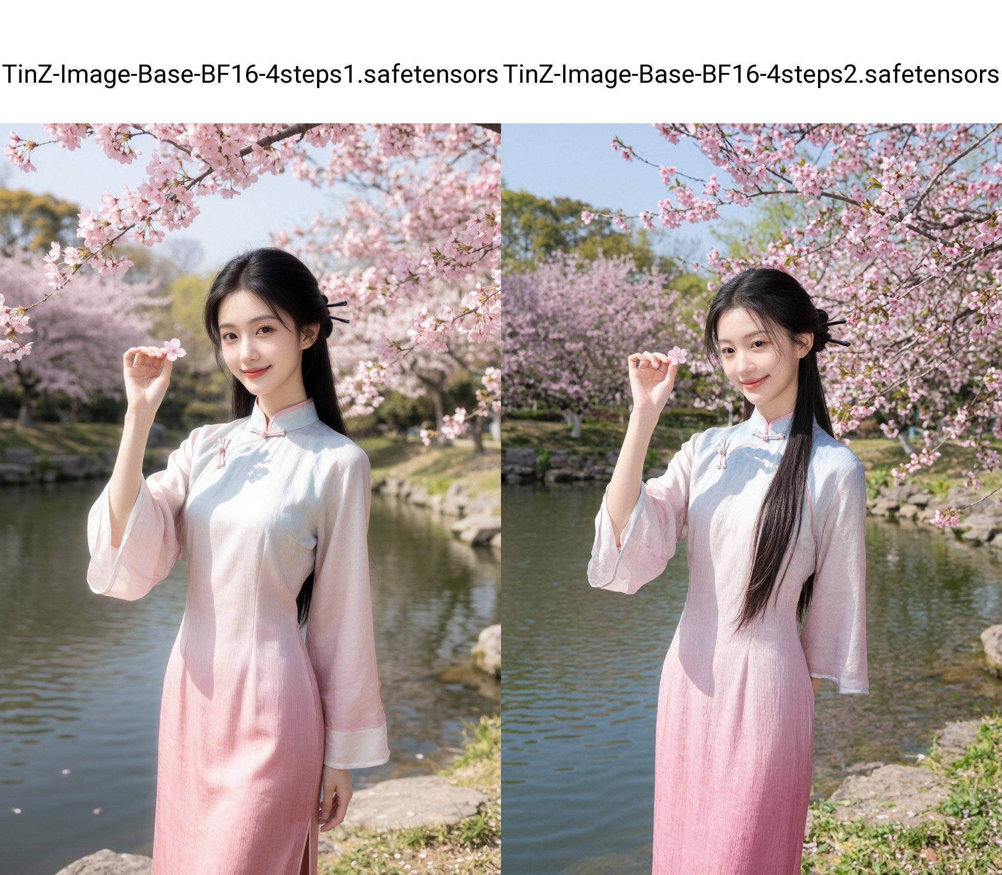 This is a high-resolution photograph featuring a young Asian woman standing in a serene outdoor setting, likely a garden or park, during springtime. She is dressed in a traditional Chinese qipao, a long, flowing gown with a high collar and wide sleeves. The gown is made of a soft, pastel pink fabric with a subtle gradient, transitioning from a pale blue at the top to a deeper, more vibrant pink at the bottom. The sleeves are long and loose, with white linings that add a touch of contrast.The woman has long, straight black hair, styled with a traditional hairpin, and she wears a gentle, natural smile. She holds a single pink cherry blossom petal in her right hand, delicately lifting it towards her face. The background showcases a serene pond with gently rippling water, and the surrounding area is adorned with blooming cherry blossom trees, their branches laden with soft pink flowers. The sky above is clear and bright, suggesting a sunny day. The overall atmosphere of the photograph is calm, peaceful, and full of natural beauty, enhanced by the soft pastel colors and the delicate textures of the fabric and cherry blossoms.