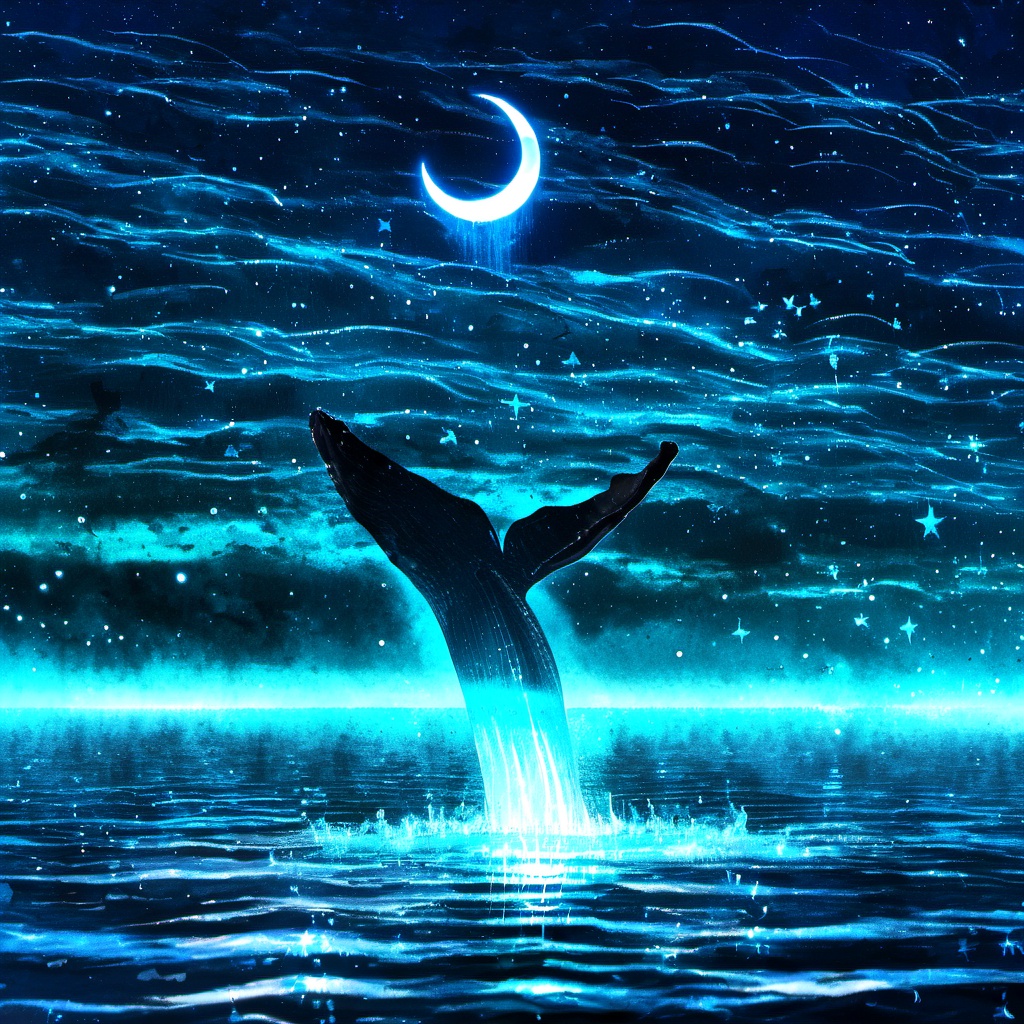 <lora:star_xl_v1:1>,The image showcases a breathtaking nighttime scene over a body of water. Dominating the foreground is a majestic whale, its tail raised high, seemingly leaping out of the water. The whale is illuminated with a radiant blue glow, contrasting beautifully against the dark backdrop. Above the whale, the sky is awash with a myriad of stars, forming intricate patterns and trails. A crescent moon hangs in the sky, adding to the ethereal ambiance. The water below reflects the stars and the moon, creating a mirror-like effect. The overall mood of the image is one of wonder, serenity, and the beauty of nature., whale, body of water, nighttime scene, crescent moon, stars, trails, ethereal ambiance, reflection, wonder