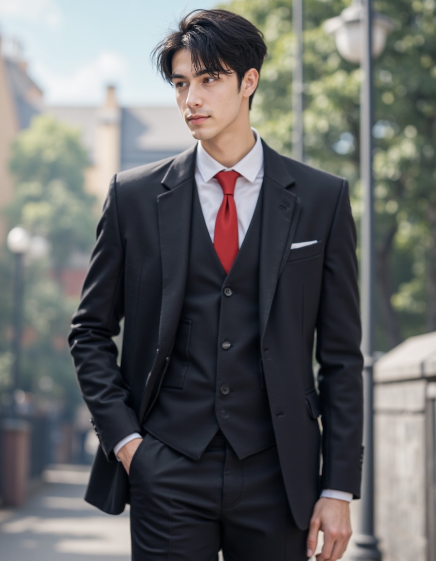 male focus, necktie, hand in pocket, 1boy, black hair, shirt, suit, outdoors, pants, red necktie, formal, realistic, looking at viewer, blurry background, jacket, blurry, white shirt, vest, lamppost, solo focus, collared shirt, holding, black pants, short hair