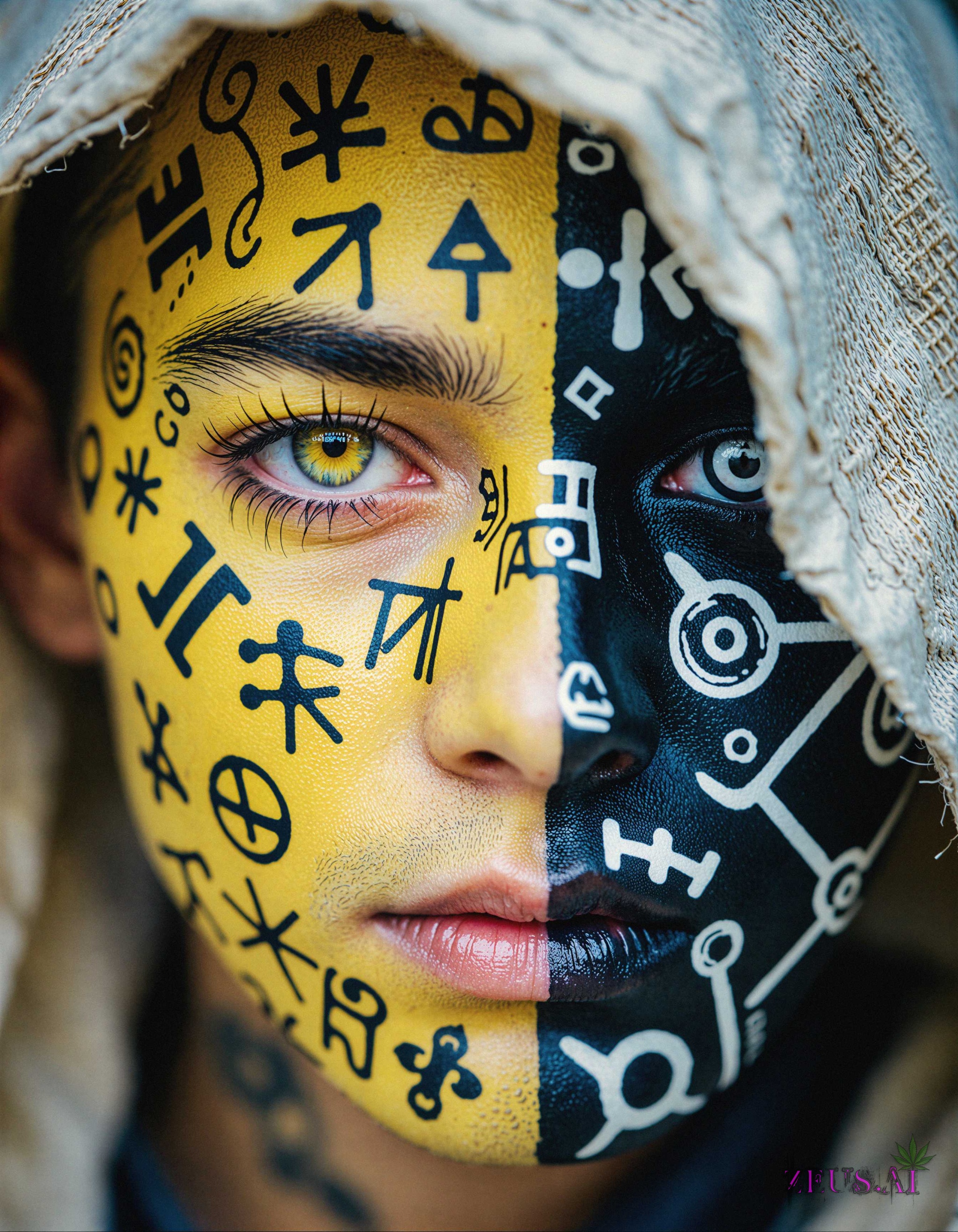 A close-up of a face adorned with intricate black and blue patterns. The left side of the face is predominantly yellow,  w...