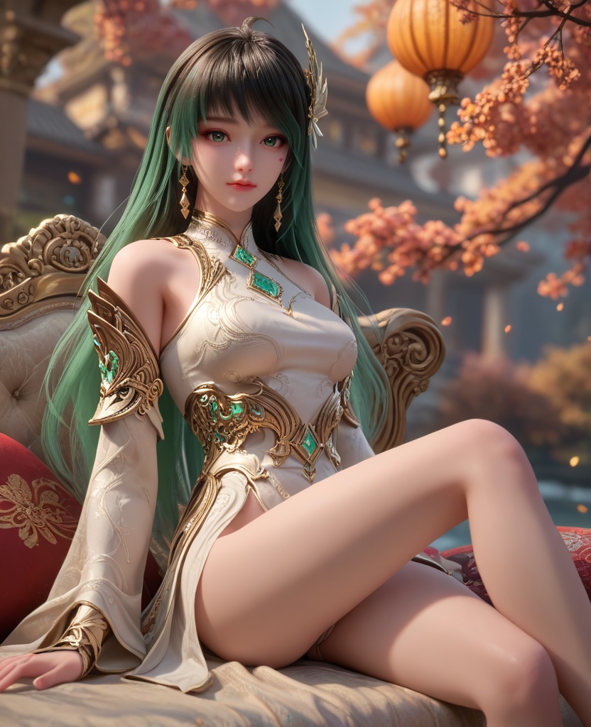 (oriental architecture, elegant decor, sophisticated style:1.1),(Sitting on the edge of a bed, looking thoughtful,:1.1),(breasts:1.2),<lora:XL16克金玩家林紫玥新手村:0.95>,miss linziyue,white corset top with coattails,black miniskirt,green eyes,aqua ombre hair,very long hair,hair ornament,jewelry,earrings,detached sleeves,, score_9,score_8_up,score_7_up,score_6_up,score_5_up,score_4_up,3d rendering,tag1,tag2, Cinematic Lighting,backlighting,, zPDXL3, zPDXL2,zPDXL, zPDXLxxx, zPDXLrl,