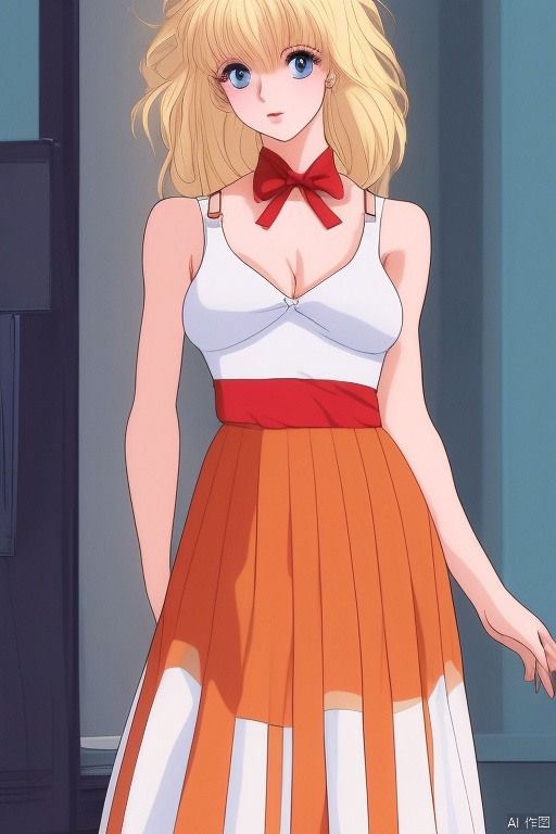 mnmhf,1girl, breasts, sailor senshi uniform, orange sailor collar, orange choker, blonde hair, skirt, orange skirt, solo, cleavage, long hair, choker, bow, hair bow, realistic, looking at viewer, magical girl, indoors, covered nipples, white leotard, large breasts, pleated skirt, sailor collar, cosplay, standing, blurry, collarbone, leotard, lips<lora:EMS-344925-EMS:0.800000>