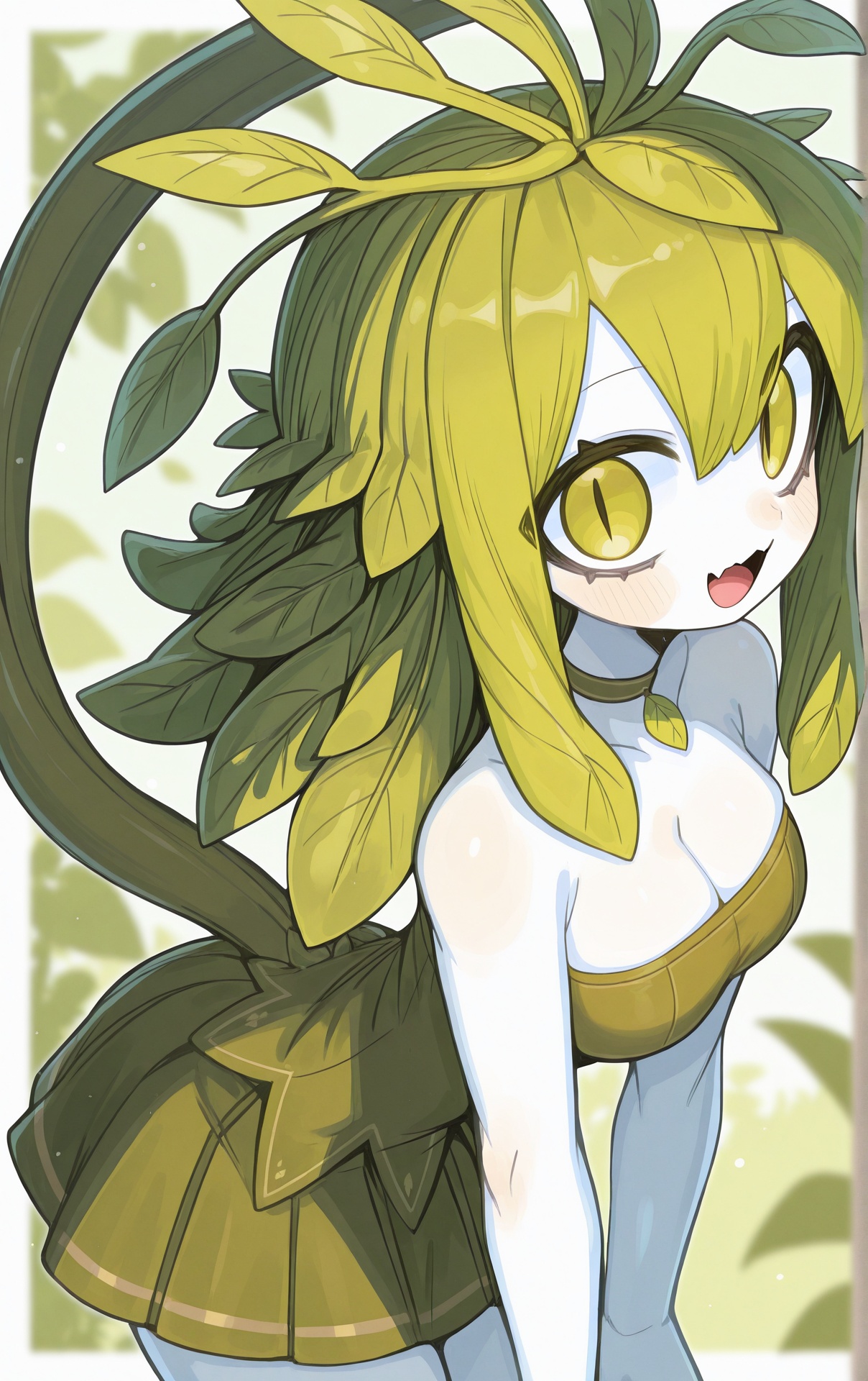 artist:ketopon, 1girl, blurry, blurry background, breasts, choker, cleavage, colored skin, cowboy shot, fangs, film grain, green background, green hair, green shirt, green skirt, grey choker, hair between eyes, hair ornament, leaf hair ornament, leaning forward, long hair, medium breasts, monster girl, open mouth, plant girl, plant hair, plant tail, pleated skirt, shirt, sidelocks, skin fangs, skirt, slit pupils, smile, strapless, strapless shirt, white skin, yellow eyes,masterpiece,best quality,good quality,newest,year 2024,year 2023,very aesthetic,absurdres,Visual impact,A shot with tension,ultra-high resolution,32K UHD,sharp focus,best-quality,masterpiece,<lora:ketopon_v0.1_Illustrious-000034:1>,