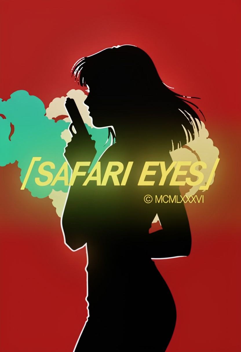 Safarieyes style profile silhouette with rimlighting of a woman holding a handgunon a red background,  with flat-colored t...