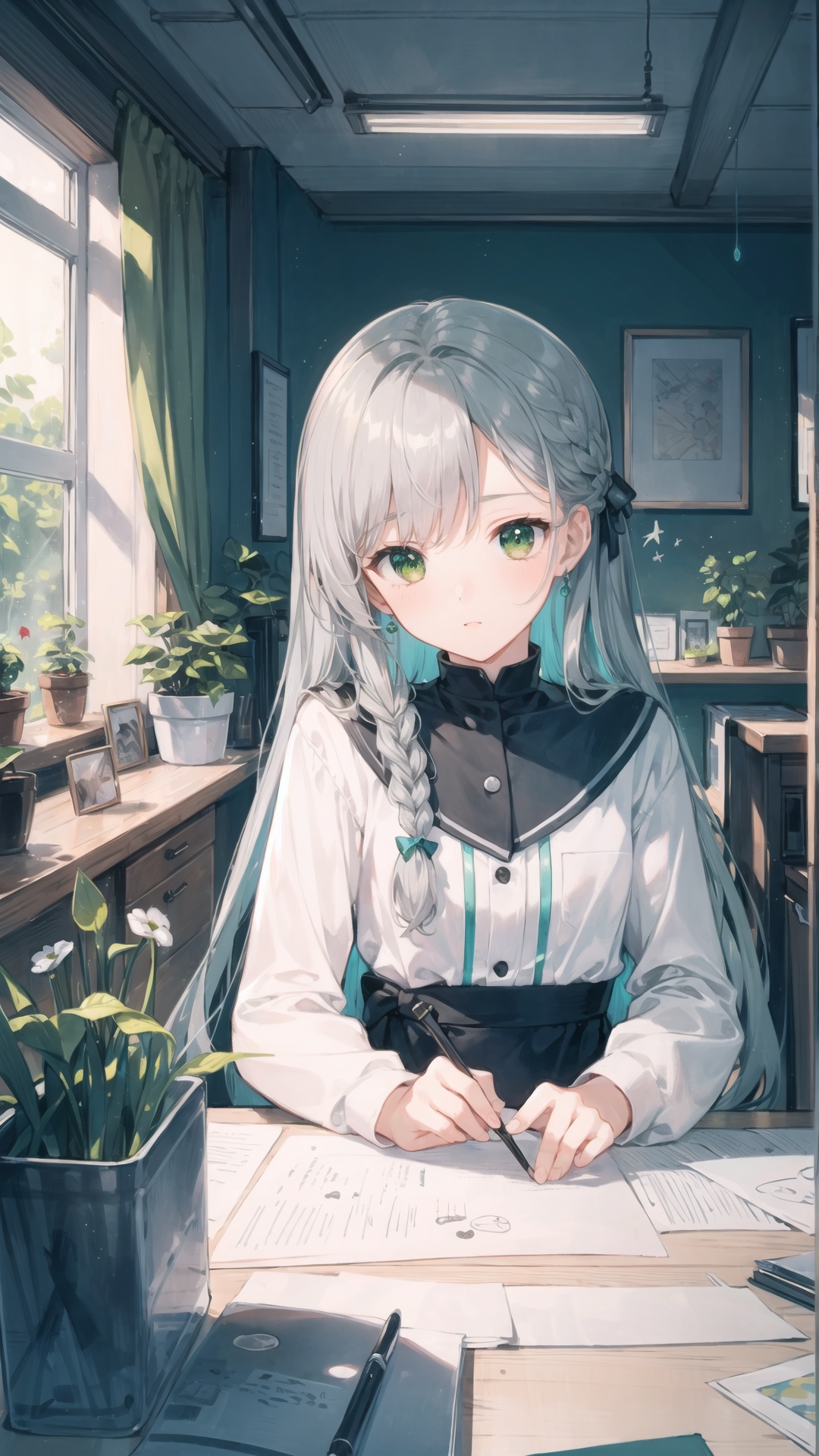 (((green, silver, shimmer)), limited color palette, contrast, extraordinary aesthetics, best quality, gorgeous artwork, (masterpiece), (best quality), (ultra-detailed), ((illustration))),(extremely delicate and beautiful)),(detailed light),Office,desk,office documents on desk,windows,curtains,sunlight through windows,Tyndall light,Sit behind a desk in front of the window and sleep on your tummy 1 girl,warm theme,solo,watercolor theme,gray hair,long hair,wink,dress,shut up,bust,sitting at desk with one hand supporting head,flat color,norlin art,glass ball,small fish ****,braid,wink,bust (sculpture),constellation,flat color,male focus,office,cozy animation scenes,