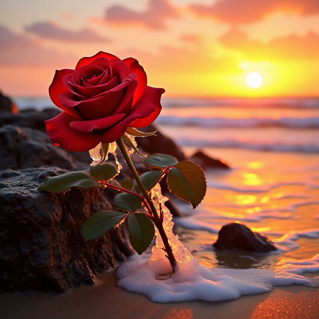 roses,roses,A bright red rose leans against the reef on the coast, its petals are gilded with golden red light by the setting sun, and the spray gives rise to tiny foam at the root of the rose. The sea level in the distance blends with the burning sunset, the rose thorn tip reflects the last twilight, and a long rose projection is drawn on the beach.