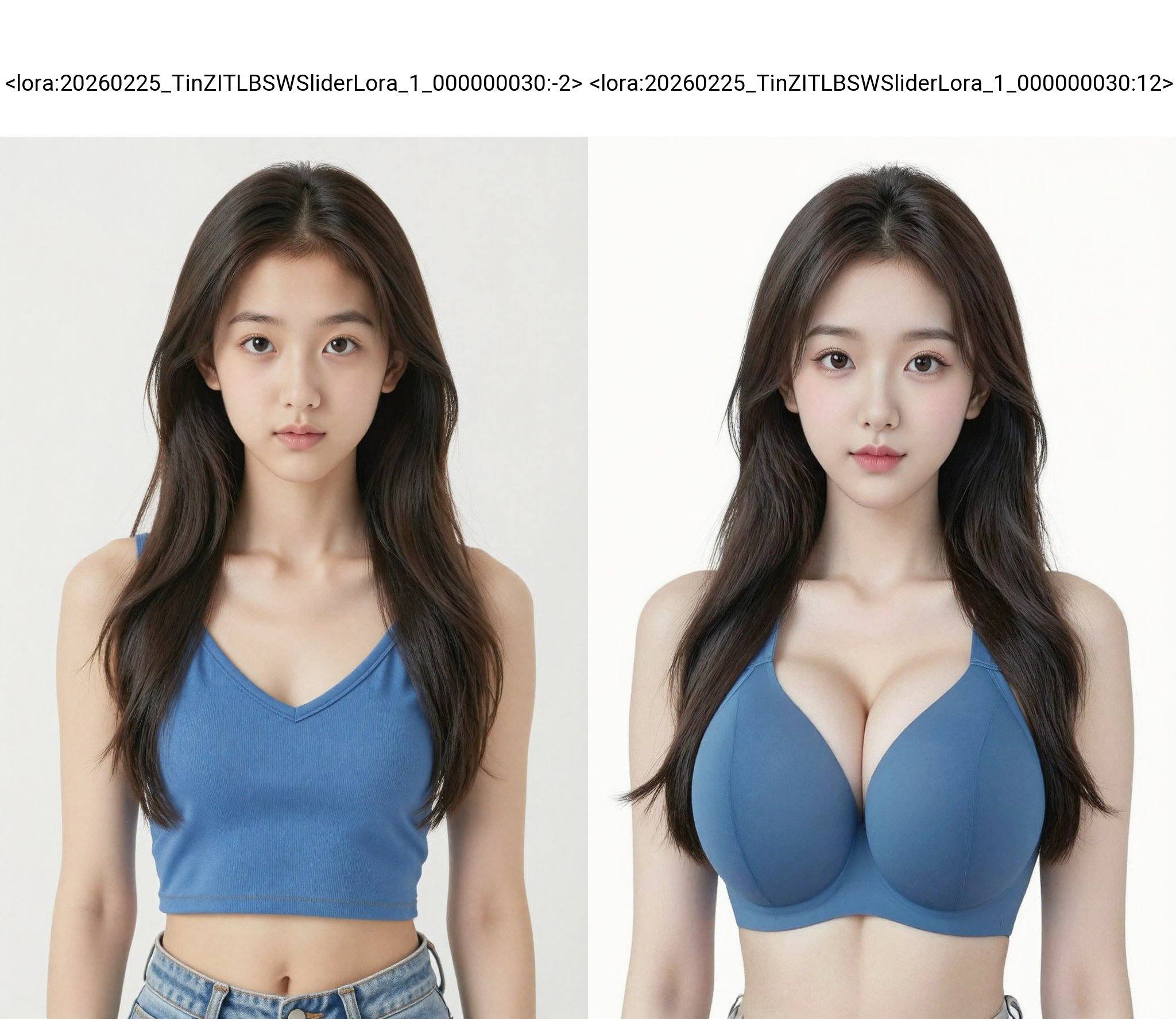 <lora:20260225_TinZITLBSWSliderLora_1_000000030:-2>, A young Asian woman, likely in her early twenties, is centered in the frame, facing the viewer directly. She has long, dark brown hair styled with a slight wave. The woman has a fair complexion, with delicate facial features, including soft brown eyes and a neutral expression. She is wearing a blue V-neck crop top that reveals her midriff and light-wash blue jeans. Her build appears slender and toned. White background.