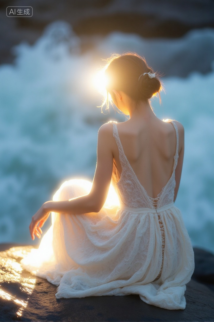 A woman with bare shoulders and back is sitting on a rock,wearing a flowing white lace dress,her head tilted back,warm sunlight forming a halo on her dress,contrasting with the blue and white water,a spiritual and poetic atmosphere,the fusion of human and nature,soft and dreamy lighting.,, Negative prompt: ng_deepnegative_v1_75t,(badhandv4:1.2),EasyNegative,(worst quality:2),,nsfw, Steps: 30, Sampler: Euler, CFG scale: 3.5, Seed: 568286015, Size: 720x1080, Model hash: 8cba4f1ef4, Model: F.1基础算法模型-哩布在线可运行_F.1-dev-fp8.safetensors, Denoising strength: 0, RNG: CPU, Lora 1: 20250913-1757780180322-0001, Lora Hash 1: 2c61ab8cf8, Lora Weight 1: 0.8, vae_name: automatic