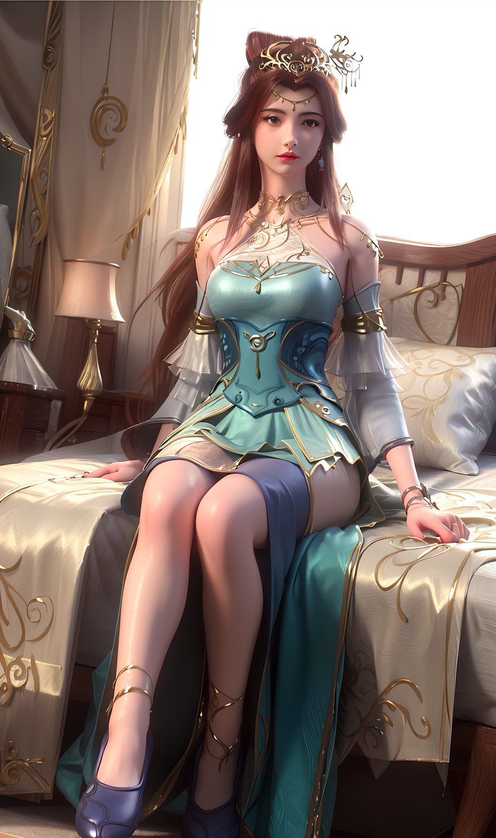 3D,masterpiece,(best quality),(makeup),official art, extremely detailed cg 8k wallpaper,((crystalstexture skin)), (extremely delicate and beautiful),(highly detailed),(face),(headgear),(tassel),(1girl), (solo), (jewelry), (earrings),(brown_hair),(long_hair),(hair_ornament),(handwear),(breasts),(sitting),,(detached_sleeves),(bare_shoulders),,((full_body,whole_body)),(dress),(multicolored_clothes),(multicolored_dress),(closed_mouth),(traditional_clothes),(long_dress),(long_skirt),(gold_trim),(shorts),(shiny_clothes),(sunshine, outdoor,bed),((looking_at_viewer)),((Facing the camera)), (long_legs), (blue_shoes),(flat_shoes),(anklet),(cloth_shoes), , <lora:hipoly3DModelLora_v10:0.3>