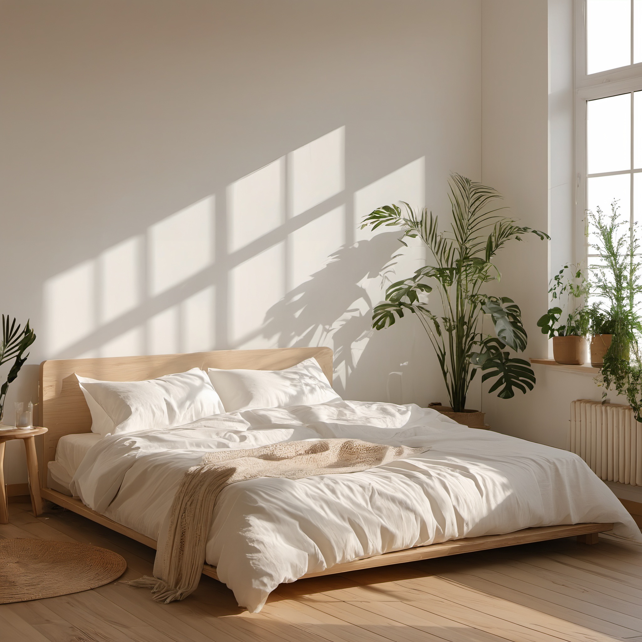 no humans,plant,wooden floor,indoors,window,sunlight,potted plant,shadow,day,pillow,bed,bed_sheet,JDWS 