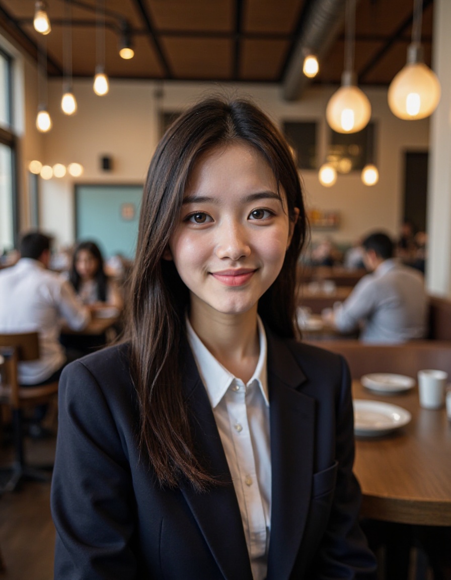 This photo captures a slender, long-haired young woman sitting in a modern restaurant with warm lighting. She is wearing a suit and collared shirt, with a small smirk and her mouth closed. Other patrons in the background, including a man in a shirt, are seated at a table. The restaurant's decor includes modern light fixtures and a mix of wood and metal. The restaurant's atmosphere is casual yet sophisticated, with an emphasis on modern design and comfort.