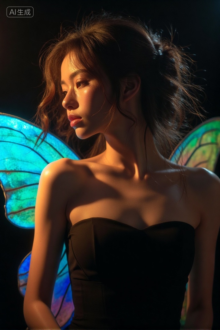 A woman in a black strapless dress,wearing large transparent butterfly wing decorations on her shoulders with a rainbow-like luster under light,profile looking to the side,fluffy hair,dark background,mysterious and romantic atmosphere,artistic portrait,soft lighting highlighting the wings' texture.,, Negative prompt: ng_deepnegative_v1_75t,(badhandv4:1.2),EasyNegative,(worst quality:2),,nsfw, Steps: 30, Sampler: Euler, CFG scale: 3.5, Seed: 2537291494, Size: 720x1080, Model hash: 8cba4f1ef4, Model: F.1基础算法模型-哩布在线可运行_F.1-dev-fp8.safetensors, Denoising strength: 0, RNG: CPU, Lora 1: 20250913-1757780180322-0001, Lora Hash 1: 2c61ab8cf8, Lora Weight 1: 0.8, vae_name: automatic