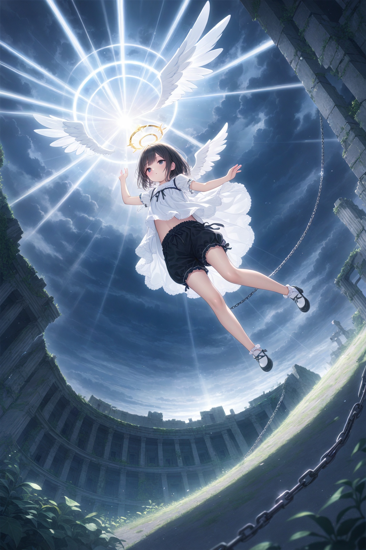 (masterpiece),(best quality),illustration,ultra detailed,hdr,Depth of field,(colorful),loli,(sunlight),(angel),dynamic angle,floating,wing,halo,floating white silk,(Holy Light),silver stars,1girl,chain ring,chain storm,dark chain,((wholeblack bloomer)),darkside,night,deep dark,darkness,((dark clouds)),((ruins)),shadow,death garden,