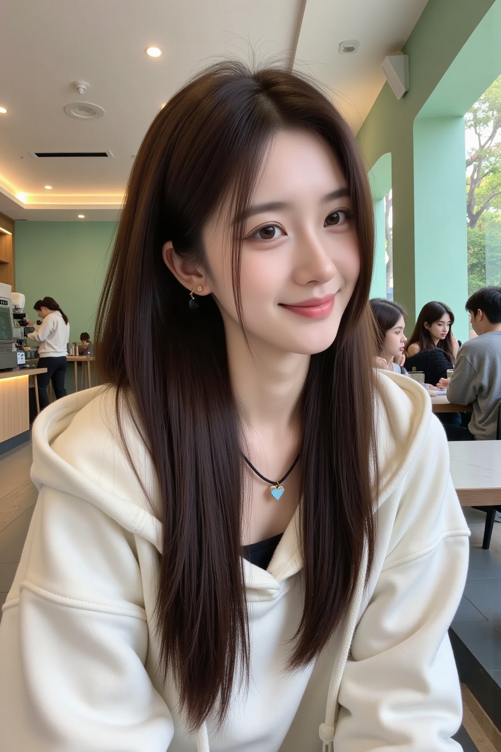 beauty,The image is a high-resolution photograph of a young Asian woman in her mid-20s, sitting at a table in a modern, well-lit cafe. She has long, straight, dark brown hair that falls past her shoulders. Her skin is fair with a smooth complexion, and she has a warm, inviting smile. She is wearing a white hoodie with the hood down, revealing a black top underneath. Around her neck, she has a black necklace with a heart-shaped pendant.Her makeup is subtle yet enhancing, with a focus on natural beauty. She has light eyeliner, mascara, and a soft pink lipstick. She is also wearing small, gold hoop earrings.In the background, the cafe has a sleek, contemporary design with a mix of light green and white walls. There is a counter with an espresso machine on the left side, and the back wall features large windows that let in natural light, revealing a view of greenery outside. The ceiling has a modern, arched design with recessed lighting. Other patrons are visible in the background, but the main focus remains on the woman. The overall atmosphere is casual and comfortable, with a modern, urban vibe.