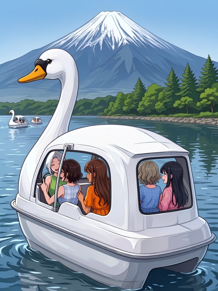 swan watercraft,  steering wheel,  multiple girls on Tensor.Art