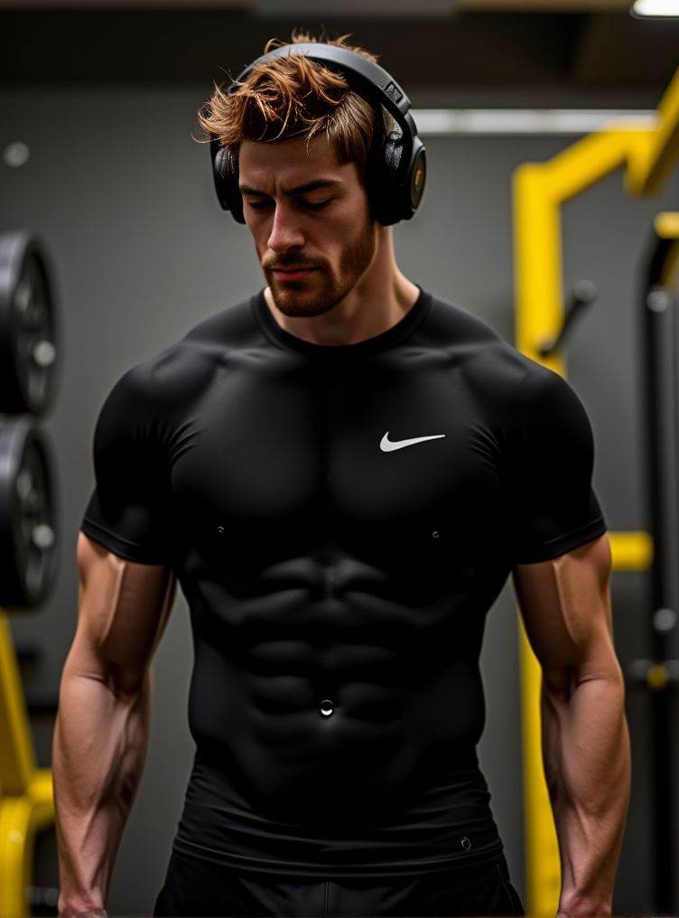 Ken Bek ,  A detailed low-angle image. in exceptional quality. He is in a gym with a predominance of black and a little ye...