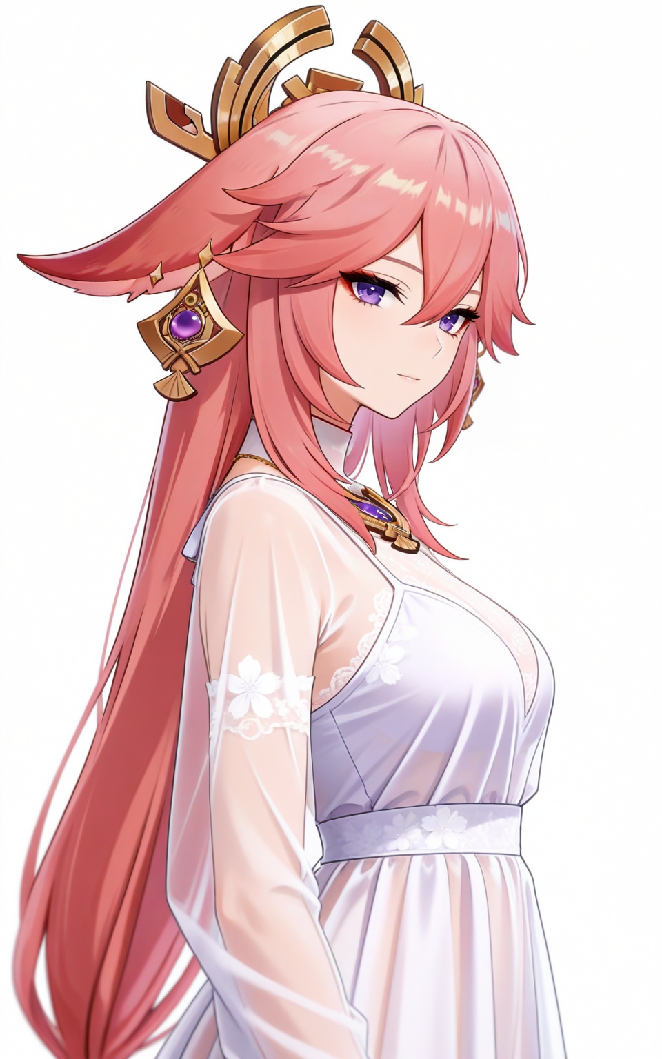 depth of field,masterpiece,best quality,very aesthetic,alternate costume,alternate costume,2024,2023,perfect composition,ultra-detailed,extreme aesthetic,masterpiece,best quality,good quality,newest,year 2024,year 2023,very aesthetic,absurdres,looking_at_viewer,colorful,white_background,simple background,upper_body,see-through,dress,<lora:八重神子·衣服百搭款ILL:0.8>,yae miko,pink hair,long hair,hair_ornament,earrings,hair between eyes,floppy ears,fox_ears,purple eyes,