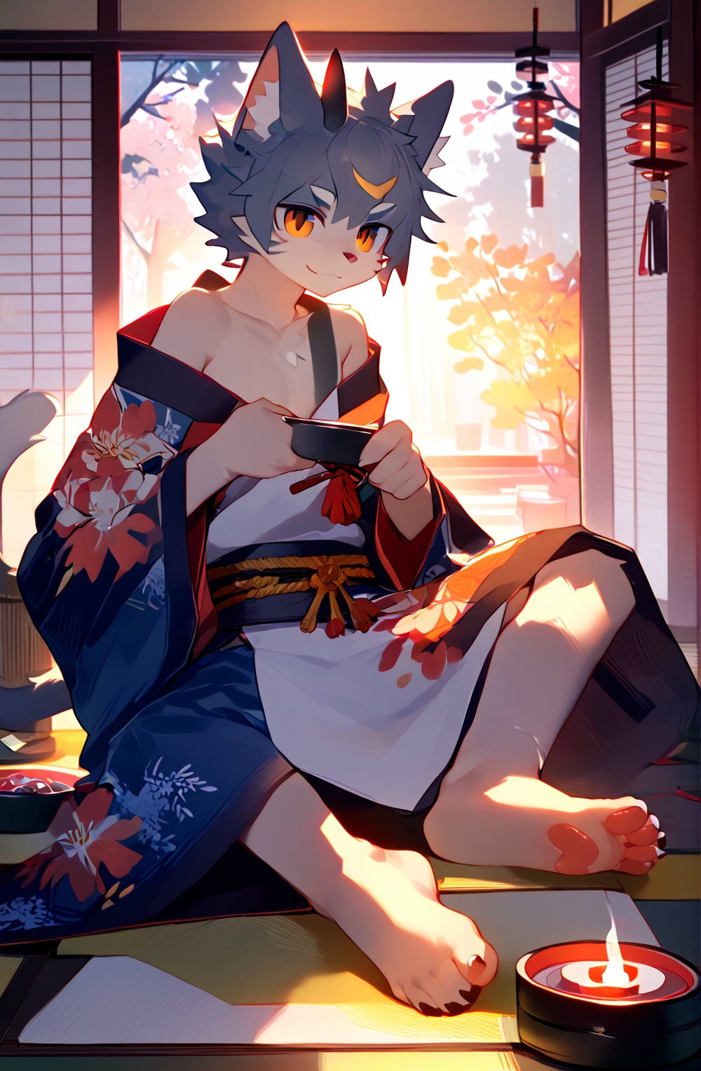 1boy,furry,male,bare foot,cat boy,kimono,