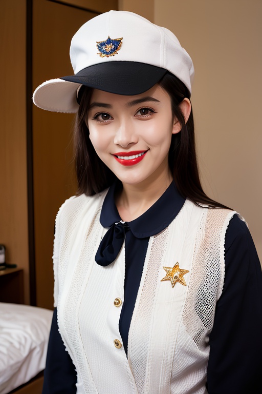マスターチーフ PHOTOREALISTIC REALISTIC,masterpiece,best quality,highres,ultra detailed,8k,1woman,cowboy shot,flight attendant uniform,flight attendant hat,looking at viewer,makeup,lipstick,smile,(unlit dark night),hotel room,<lora:mengziyiAlexnsfw80:0.6>