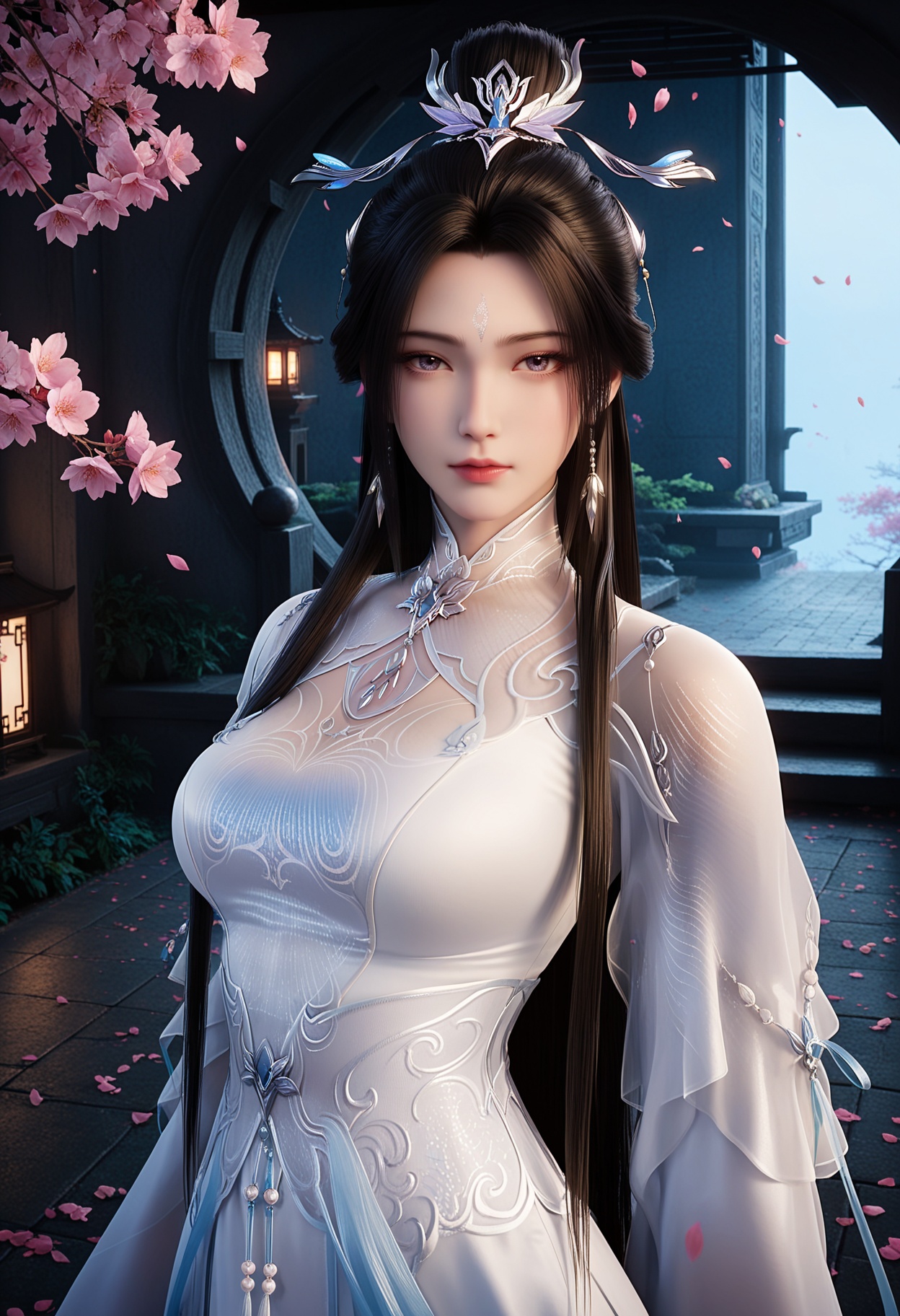 masterpiece,best quality,amazing quality,very aesthetic,high resolution,ultra-detailed,absurdres,scenery,photorealistic,(looking at viewer:1.1),(upper body:1.2),(Dark room:1.3),(moody lighting:1.1),peach blossom,falling petals,(large breasts:0.8),luxueqi,1girl,solo,black hair,long hair,dress,jewelry,earrings,hair ornament,forehead mark,white dress,hair bun,realistic,chinese clothes,shoes BREAK photorealistic details,<lora:QQSillluxueqiV1:0.8>,
