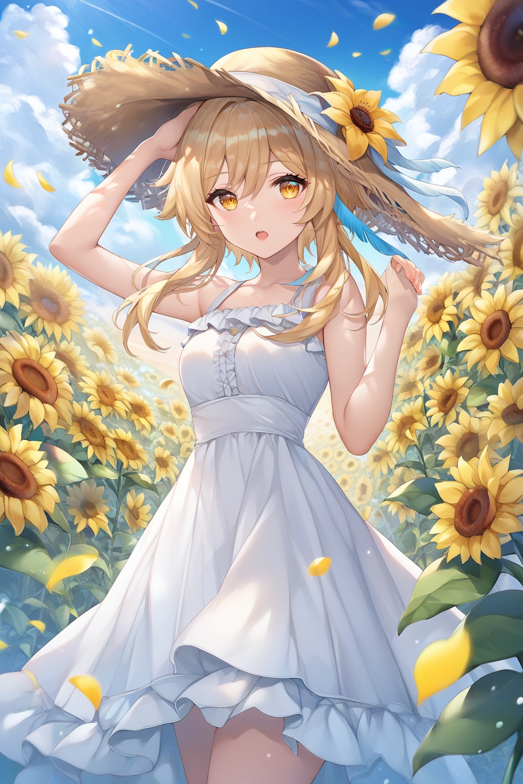score_9,score_8_up,score_7_up,score_6_up,score_5_up,score_4_up,source_anime,source_cartoon,<lora:lumineTuPONYXL-000008:0.7>,lumine \(genshin impact\), 1girl, flower, hat, solo, dress, blonde hair, white dress, outdoors, straw hat, sunflower, sky, cloud, yellow eyes, looking at viewer, day, sleeveless dress, blue sky, bare shoulders, sleeveless, petals, sundress, alternate costume, hair between eyes, hands on headwear, frills, sun hat, open mouth, short hair with long locks, hat flower, yellow flower
