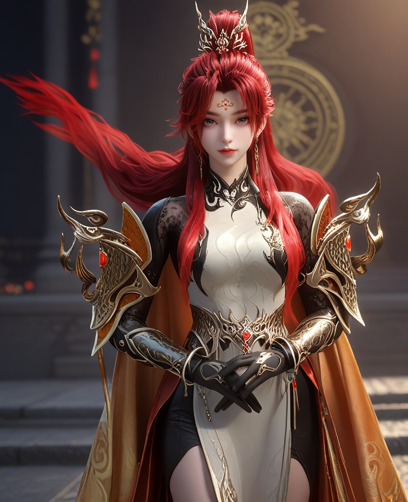 (She stands with her hands clasped in front of her, looking serene.:1.1),looking at viewer,(large breasts:1.2),<lora:XL16云深不知梦炽阳华明:0.95>,miss chiyanhuaming,beige panel dress,forehead mark,grey eyes,red hair,half-up high ponytail with long cascading hair,long hair,hair ornament,earrings,jewelry,armguards,sash,orange cape,black gloves,high-heeled thigh boots,, score_9,score_8_up,score_7_up,score_6_up,score_5_up,score_4_up,3d rendering,tag1,tag2, Cinematic Lighting,backlighting,