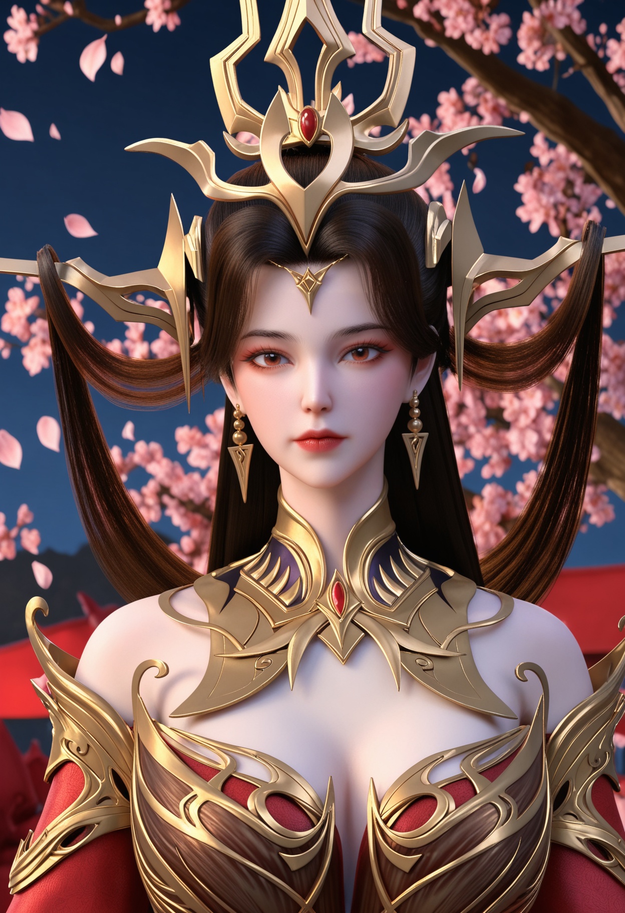 (upper_body:1.2),(looking at viewer:1.1),masterpiece,(best quality),smog,Dark room,dim lighting,peach blossom,falling petals,<lora:YQ_Illustrious光辉v5_朱雀若天_V1:0.8>,q1528437228,1girl,solo,long hair,hair ornament,jewelry,earrings,brown hair,black hair,dress,red dress,detached sleeves,detached collar,red eyes,long sleeves,brown eyes,collar,metal collar,wide sleeves,blue eyes,high heels,hair rings,chinese clothes,headgear,forehead mark,