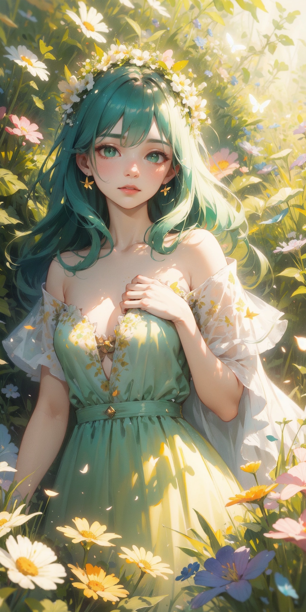 (masterpiece:1.2),best quality,highres,ultra-detailed,HDR,UHD,studio lighting,ultra-fine painting,sharp focus,physically-based rendering,extreme detail description,A springtime fairy,blooming meadow, enchanting, delicate, ethereal beauty, graceful,flowing golden hair, emerald green eyes, afloral wreath crown, petals gown, translucent and shimmering,butterflies and fireflies, a gentle breeze, dappled sunlight, creating a warm ambiance,a sense of rebirth, magic of spring, a fairy princess,pastel colors and soft greens theme, dappled sunlight, soft focus, magical ambiance,bdi,(flat color:0.5),chest