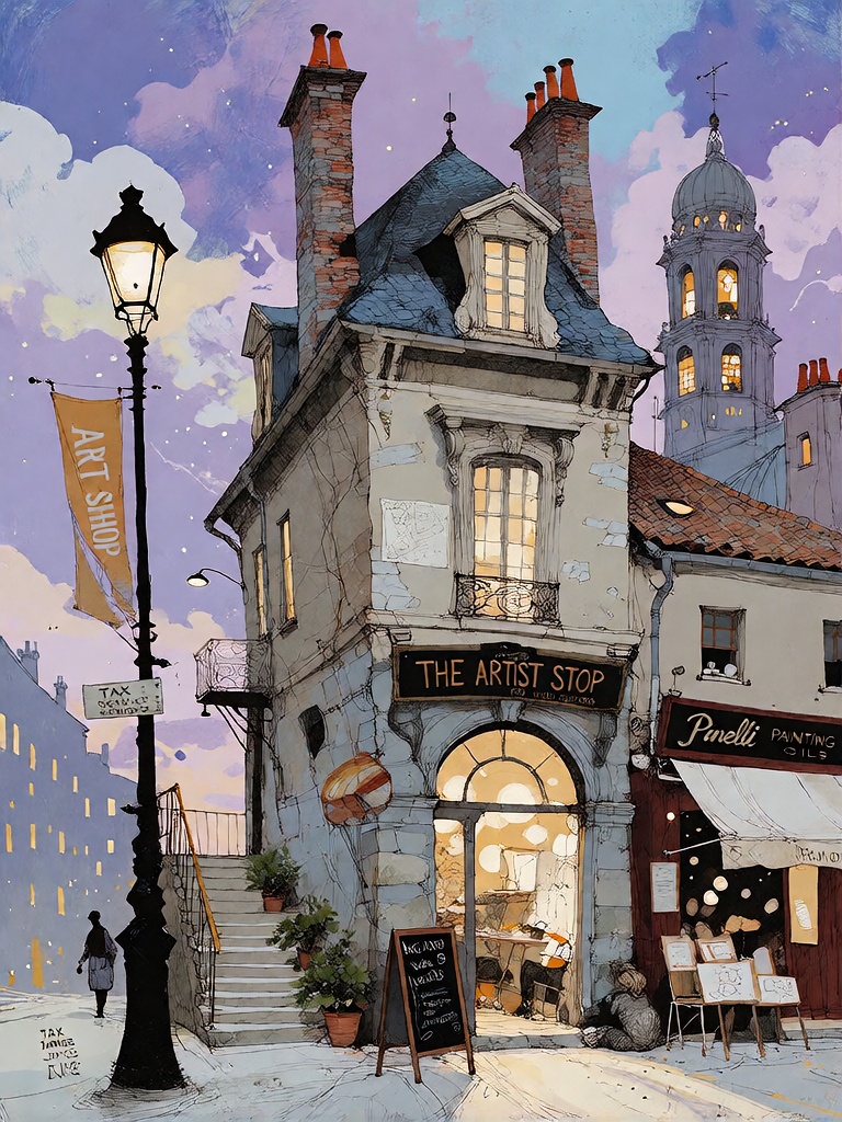 A vibrant,  stylized illustration of a European street corner featuring an ornate,  multi-story building with numerous chi...