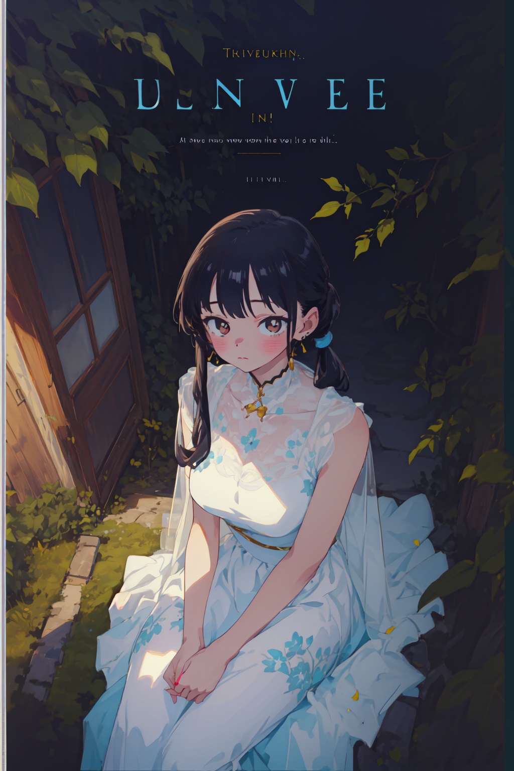 1girl,looking at viewer,solo,<lora:ANNA:0.8>,Anna_CYQL,black hair,twintails,low twintails,long hair,bangs,brown eyes,jewelry,earrings,blush,(Magnificent ball gown with oversized floral appliqués and crystal embellishments:1.1),(Tsundere, sitting, portrait,from_above:1.1),beautiful face,beautiful eyes,glossy skin,shiny skin,Ruins, Jungle, Trees, Vines, Moss, History, Mystery, Exploration,Boxwood hedges, Statues, Formal parterres, Fountain, Classic architecture, Symmetry,beautiful detailed sky,beautiful detailed glow,(movie poster:1.2),(English text:1.8),(border:1.3),posing in front of a colorful and dynamic background,(masterpiece, best quality, beautiful and aesthetic:1.3),contrapposto,female focus,fine fabric emphasis,wallpaper,fashion,intricate_detail,finely_detailed,fine_fabric_emphasis,(glossy),<lora:增强减少细节add_detail:0.4>,