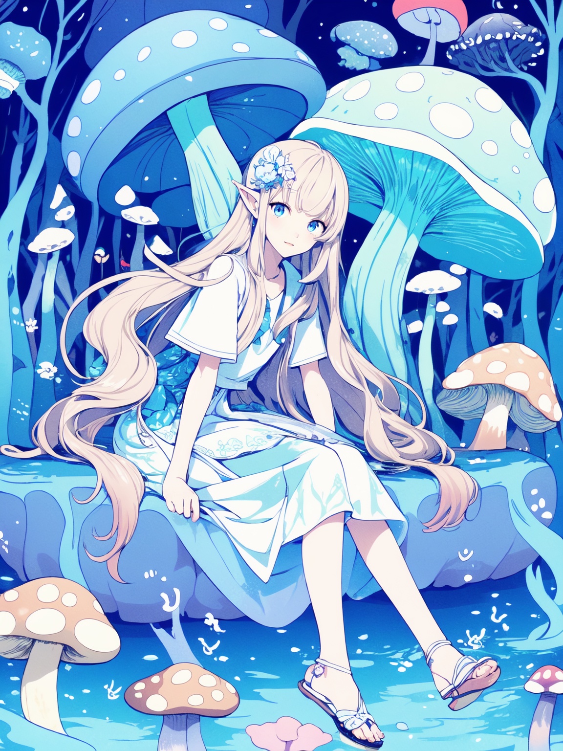 (shikimi style:1.3),flat color,(lineart),1girl,long hair,blue eyes,solo,sitting,(mushroom:1.2),white hair,flower,(blue jellyfish:1.2),looking at viewer,bangs,hair ornament,dress,forest,tree,water,hair flower,pointy ears,very long hair,sandals,full body,short sleeves,(masterpiece),(best quality),(ultra-detailed),illustration,Dynamic angle,