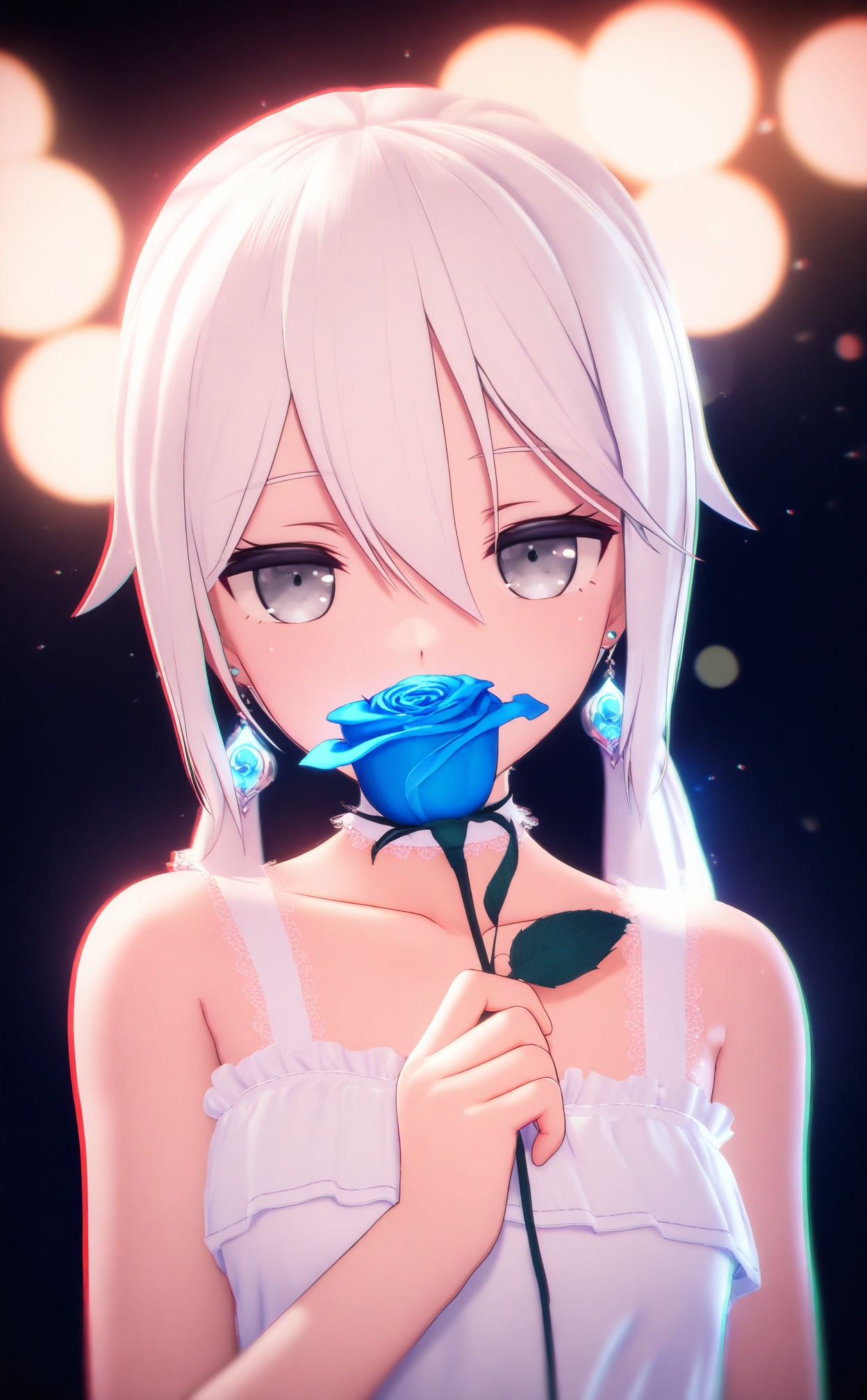 masterpiece,absurdres,best quality,loli,petite,high quality,chromatic_aberration,//,1girl, solo, flower, holding flower, long hair, rose, holding, earrings, jewelry, dress, looking at viewer, upper body, bare shoulders, white dress, blue flower, collarbone, bangs, sleeveless, sleeveless dress, blue rose, white hair, white choker, bare arms, black background, hair between eyes, choker, breasts, frills, light particles, grey eyes, hand up, gradient background, gradient, simple background, covered mouth//,Depth of field,(colorful),hdr,Tyndall effect,depth of field,Tyndall Effect,blurry,blurry_background,depth_of_field,bokeh,glowing,//,<lora:MMDguangwuran6——【noob】hans:0.9>,