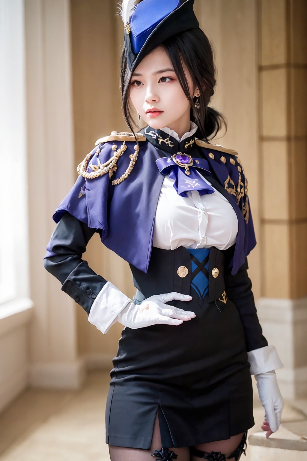 masterpiece, best quality, <lora:clorinde:1>,clorinde (genshin impact), realistic, (photoshop \(medium\):1.4),1girl, solo,hat,hat feathers,garrison cap, long hair,ponytail,black hair, purple eyes, earrings,jewelry,brooch,  blue ascot,breasts,large breasts,long sleeves,shirt,white gloves,black skirt,black pantyhose, thigh strap,hand on hip, 
