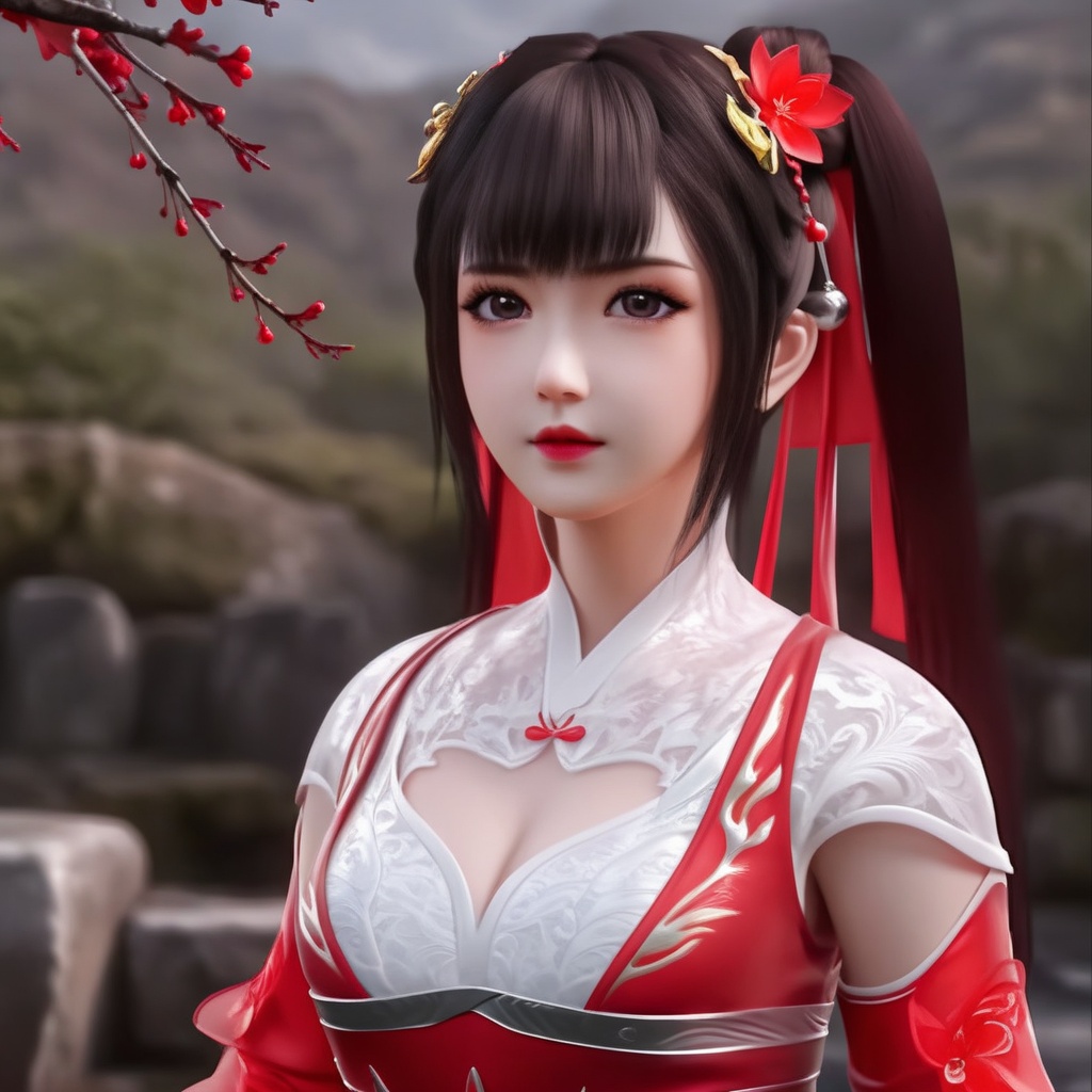 <lora:848-DA-XL-完美世界-火灵儿-幼年:0.8>, (,1girl, ,best quality, ),,  ,ultra realistic 8k cg,, ,masterpiece, (( , )),, ,   plum blossoms,    ,,  (cleavage),,  (), ,,